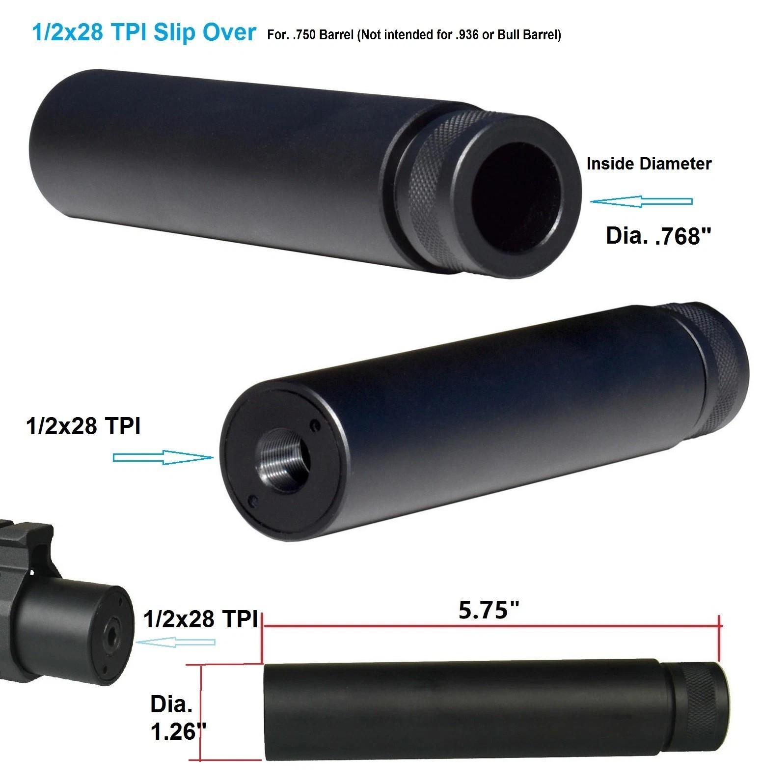 1/2X28 TPI For .22LR .223 5.7X28 Slip Over Barrel Cover Solid Aluminum Tube