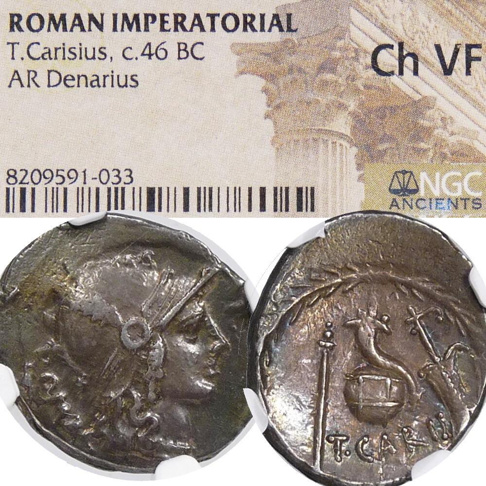 temp. JULIUS CAESAR Titus Carisius Roma/Cornucopia 46BC NGC Cert. Choice VF Coin