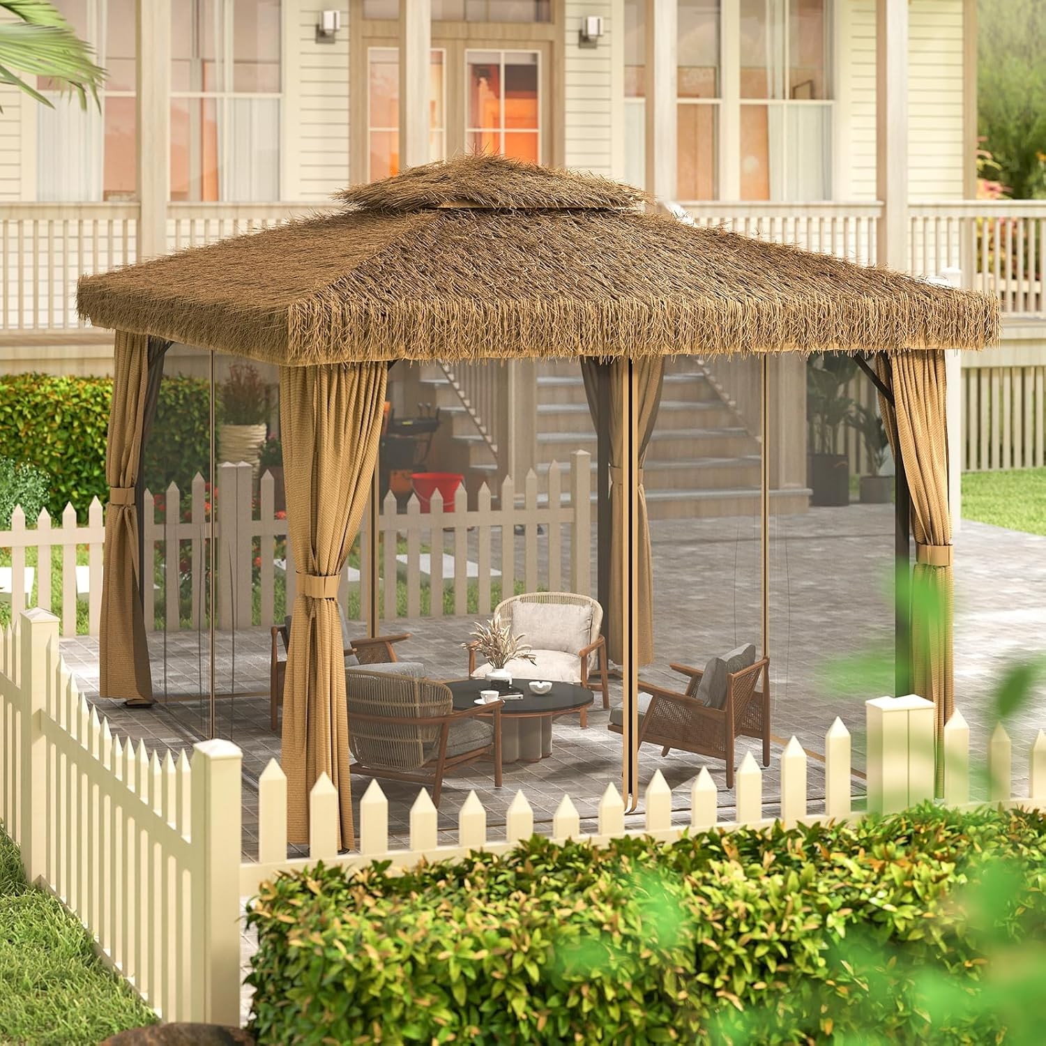 Double Thatched Roof Canopy,Outdoor Aluminum Frame Gazebo with Curtains Netting