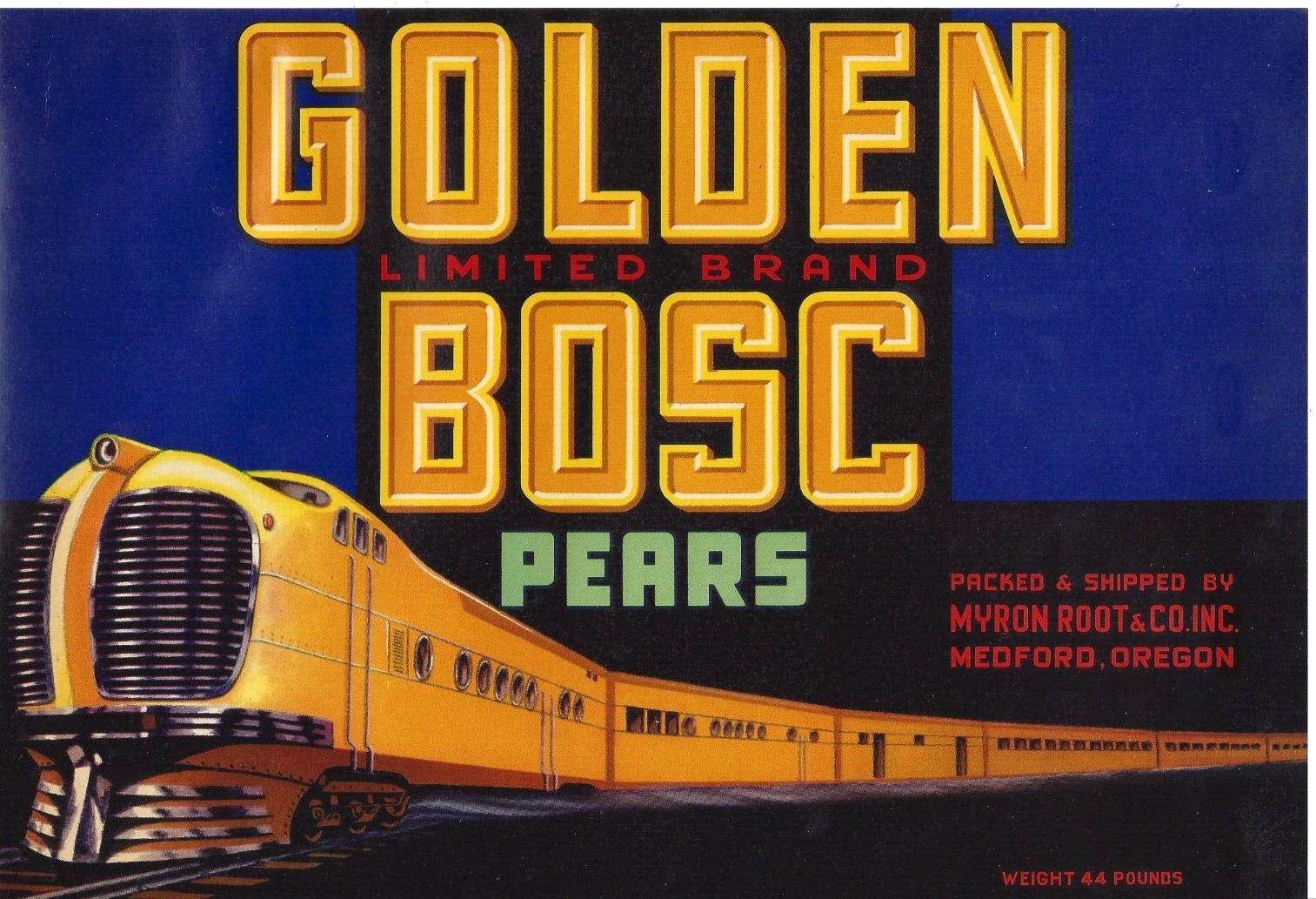 Original GOLDEN BOSC pear crate label Myron Root & Company Medford OR train 44