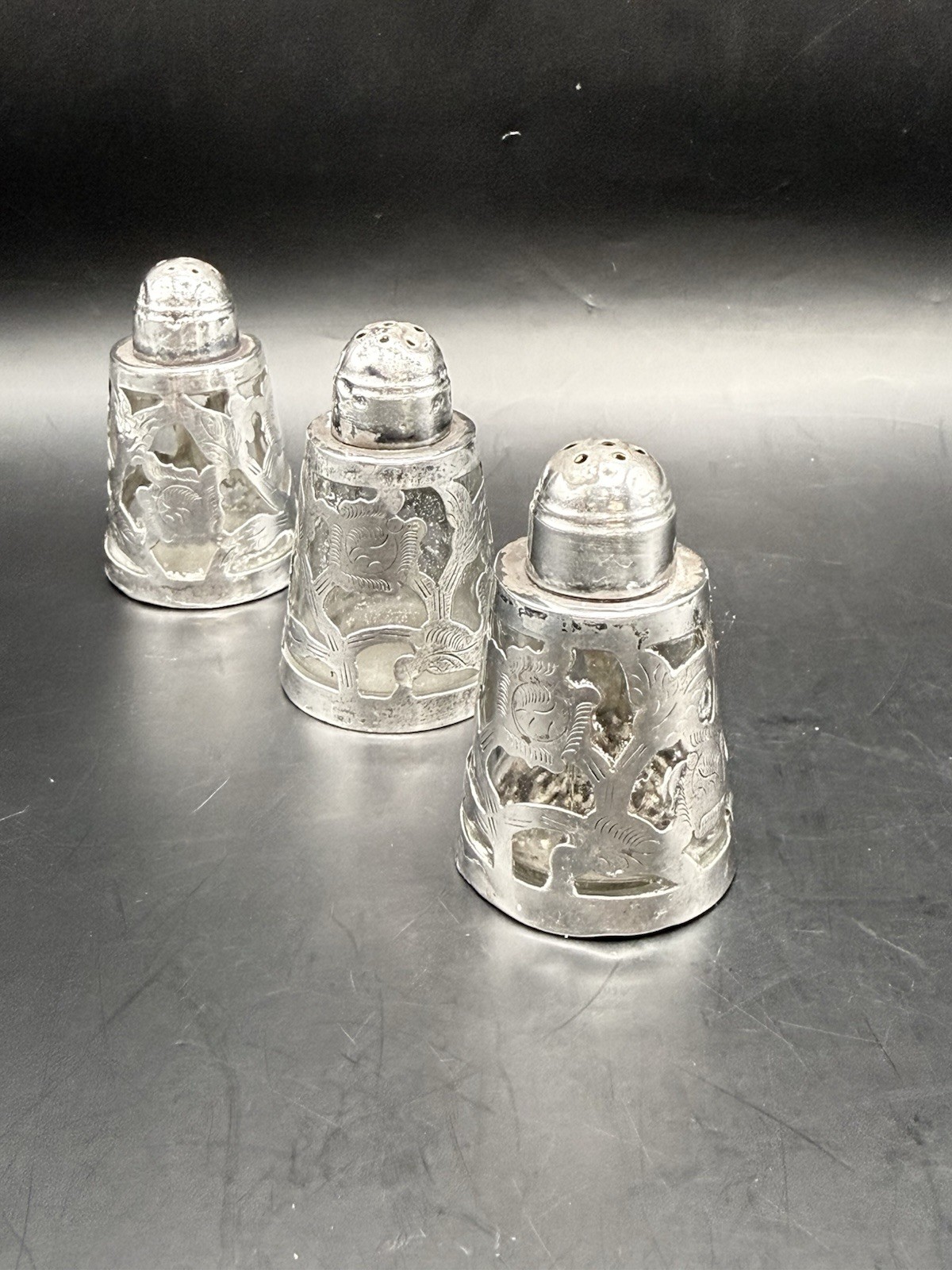 Vintage Mexican Sterling Silver Salt Pepper Shakers 925 HM Set 3