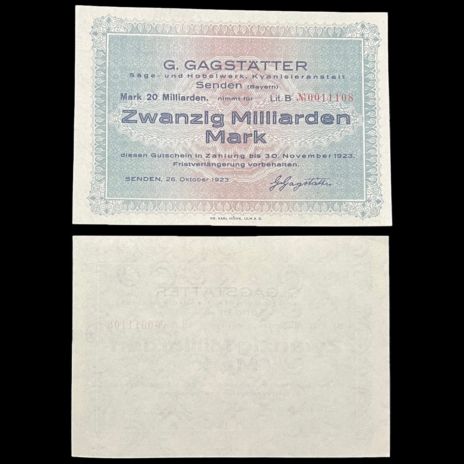1923 Germany 20 Billion Mark Post WWI Pre WWII Banknote World Paper Money Kaiser