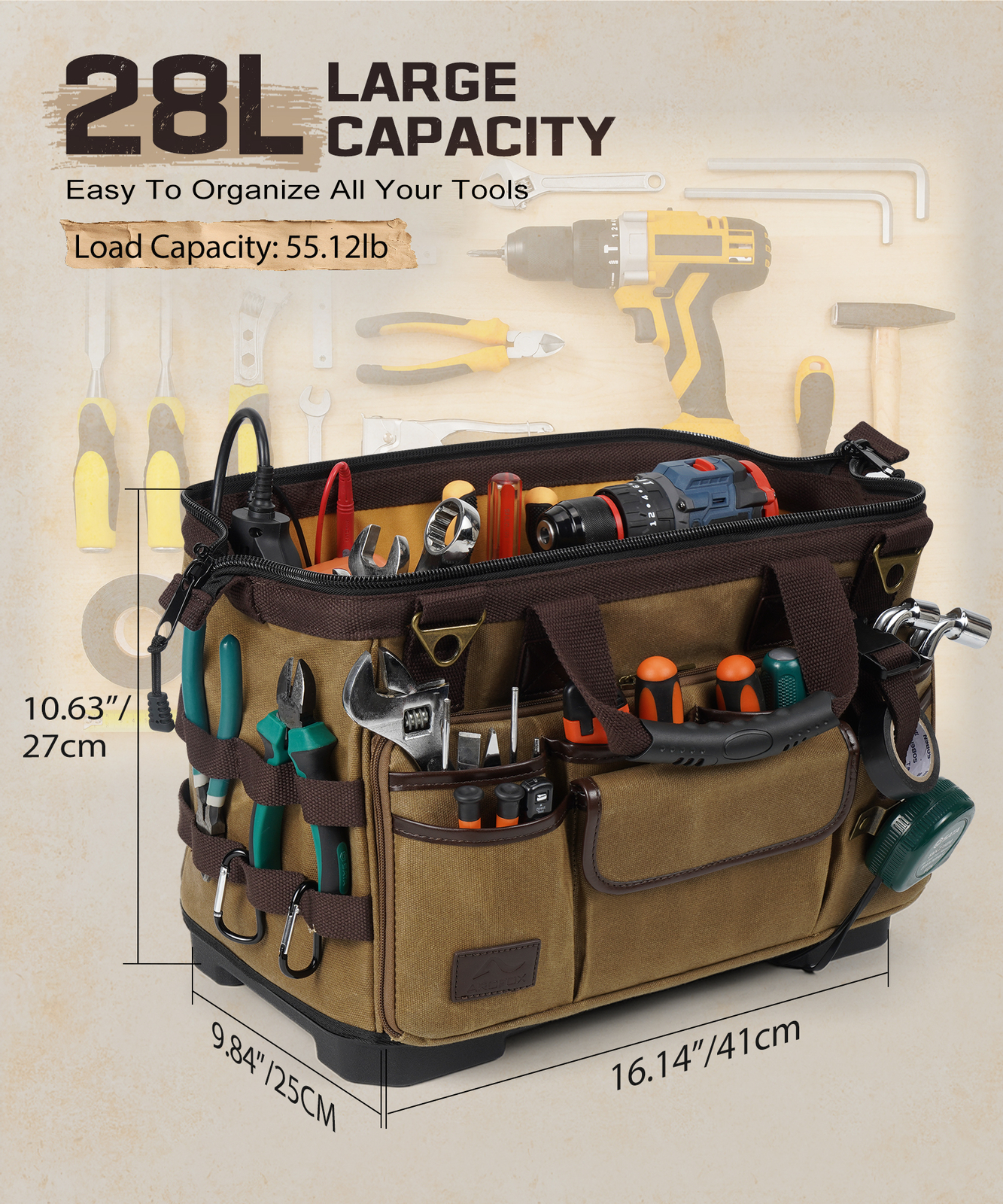 Heavy Duty Canvas Electrician Tool Bag Storage Organizer Portable Tool Box 28L