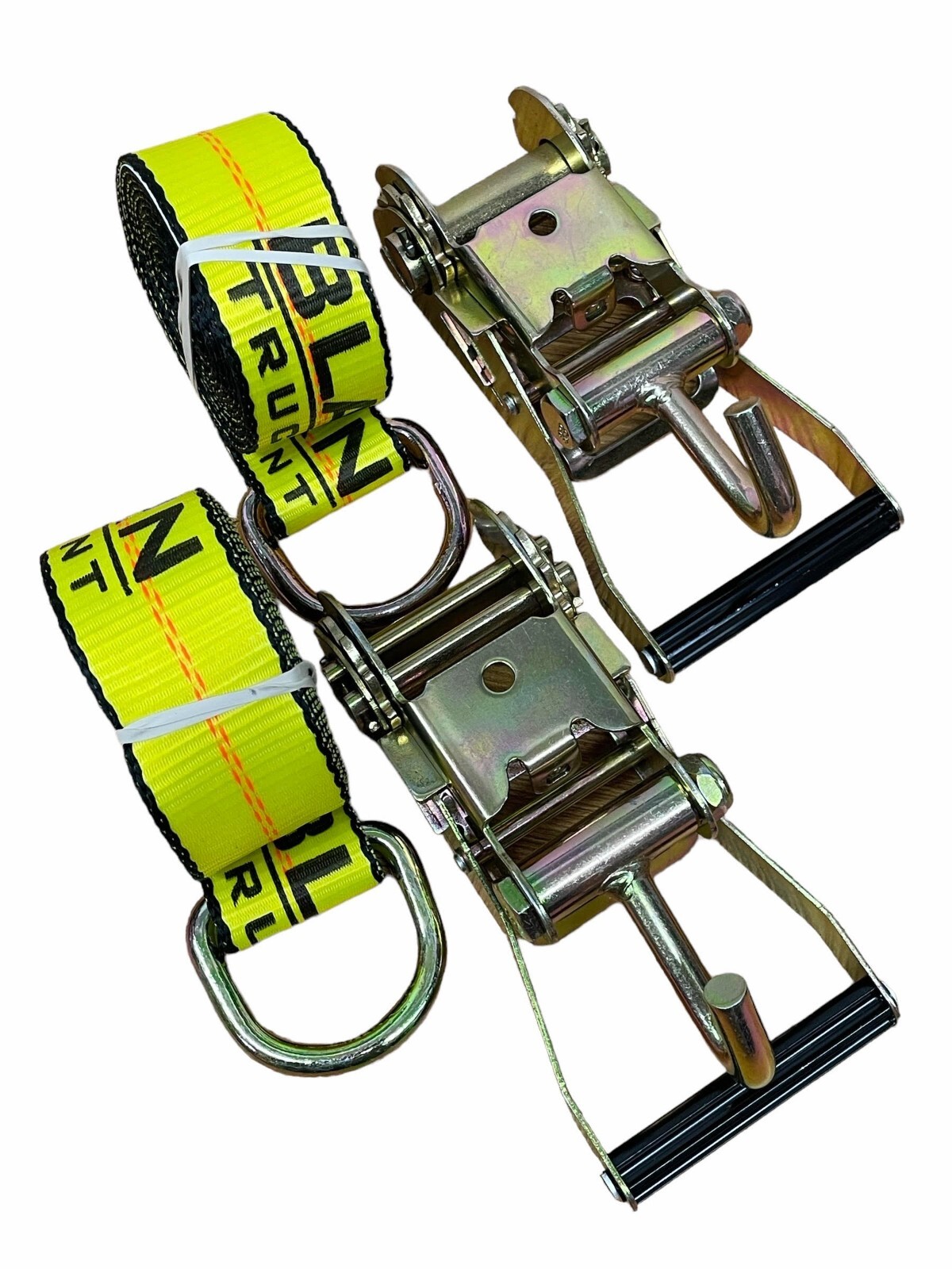 Tow Truck Wheel Lift Tie Down Kit. 2 Finger Hook Ratchets + 2 D-Ring Straps.