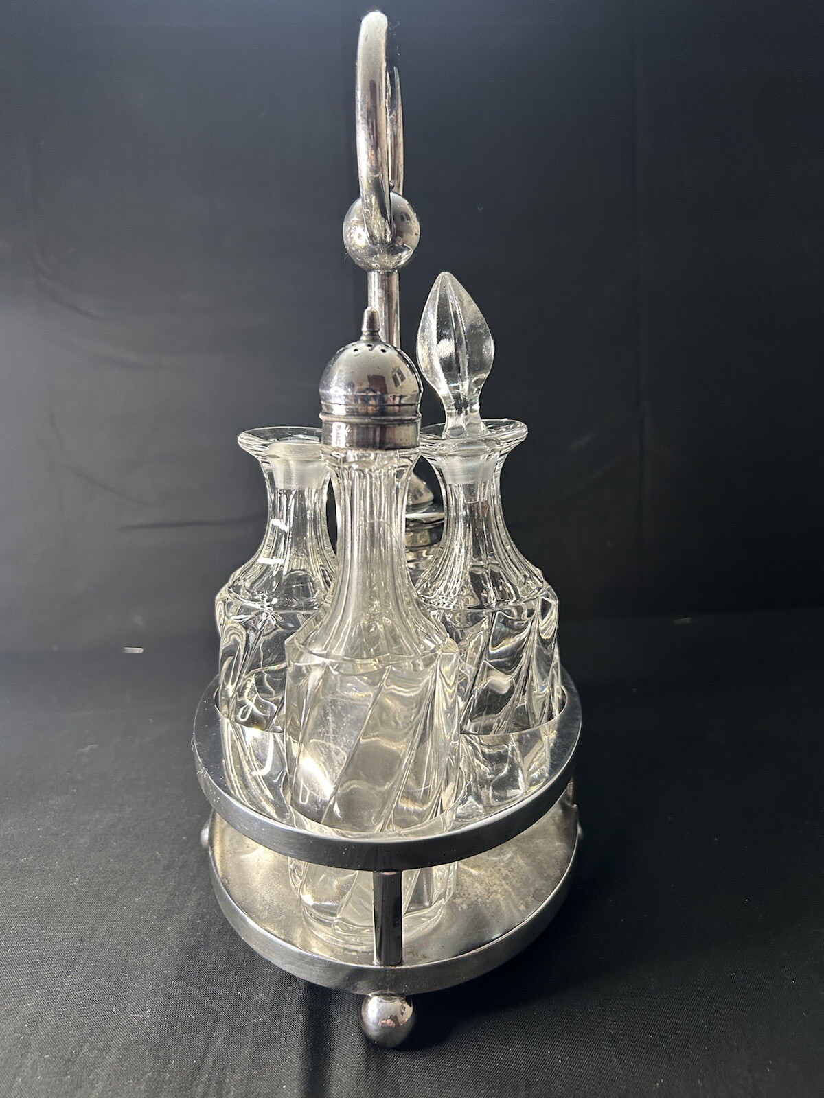 RARE Antique Manganese Glass Cruet Set Meriden Quadruple Plate Caddy c1900 READ