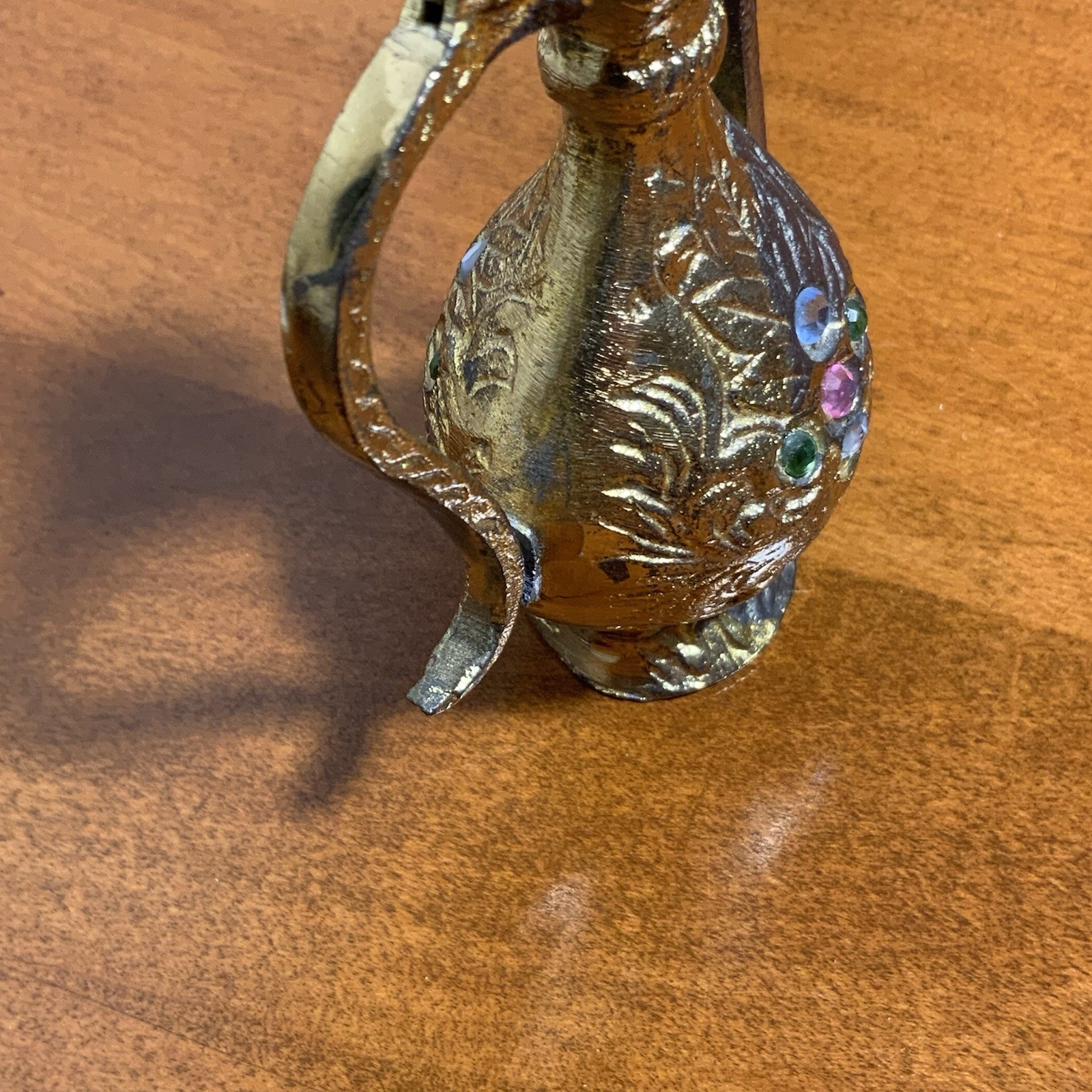 Vintage India Brass Mini Ewer Jeweled Saucer Broken Lid Middle Eastern Decor