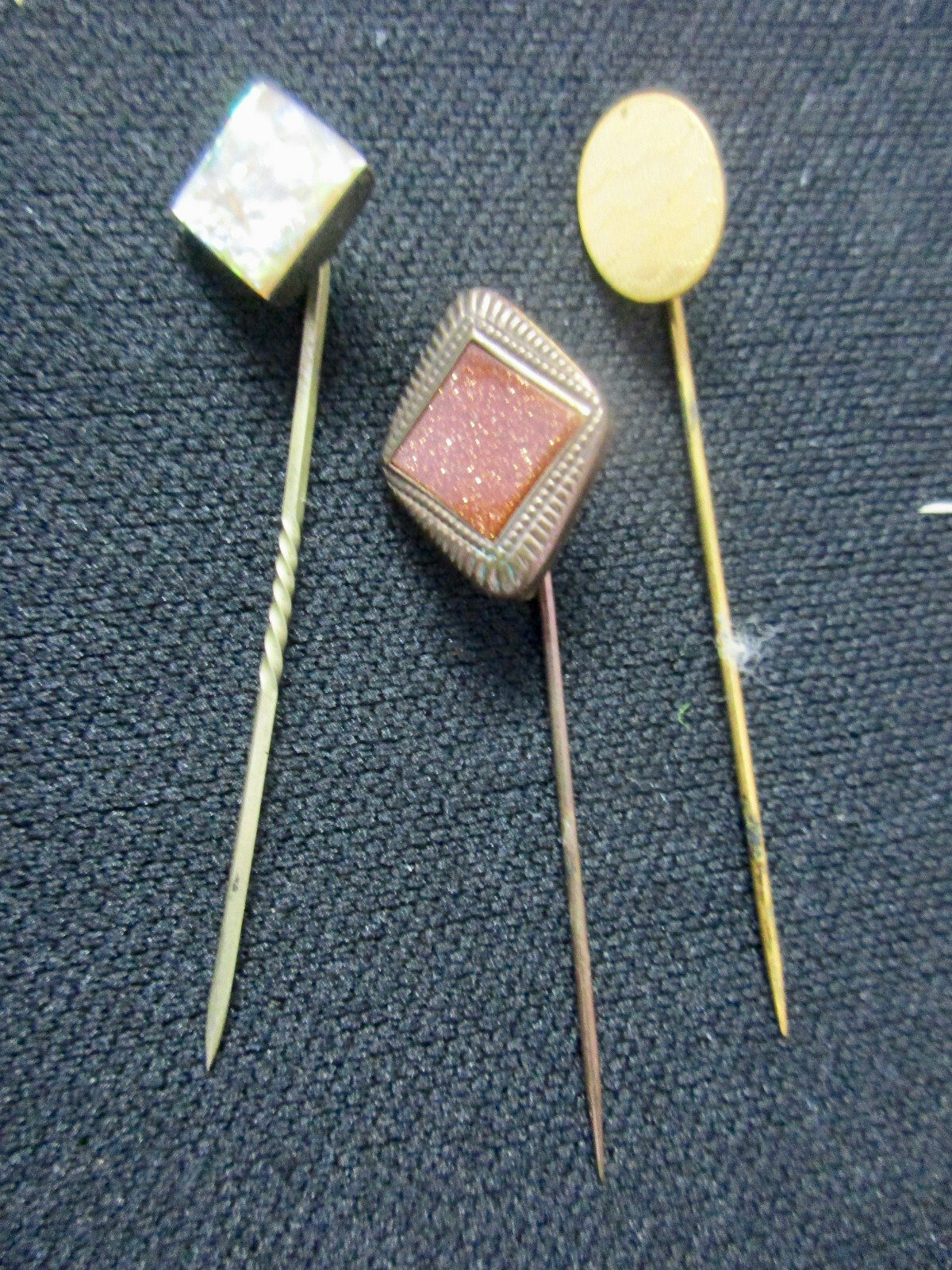 Group of 3 Vintage Stick Pins 1 GF patterned 1 Oval Mother of Pearl 1- Goldstone