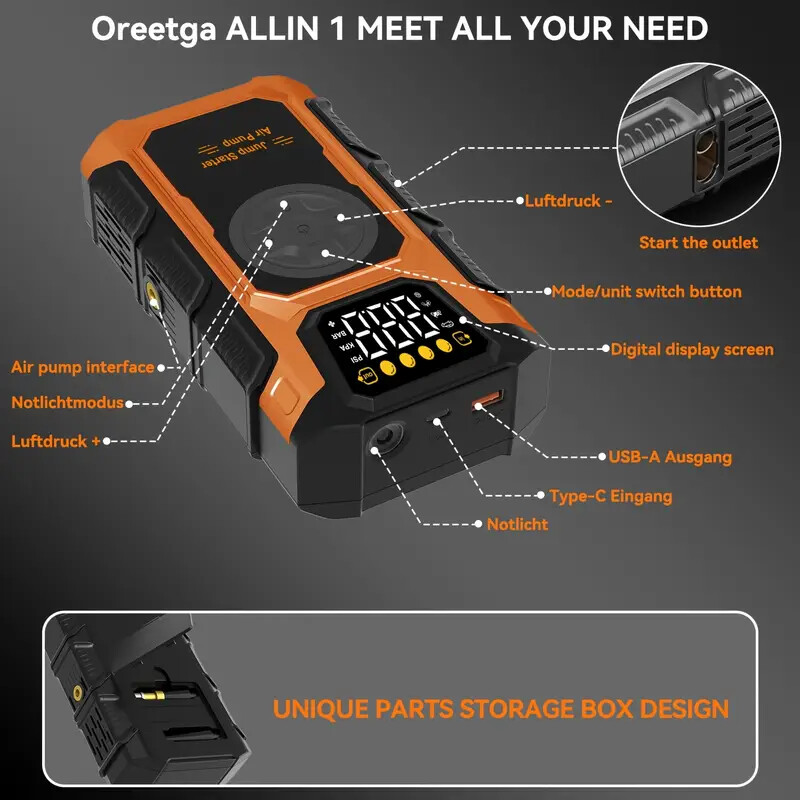 7000A Car Jump Starter With Air Compressor Pack Booster 12V Power Bank With Case