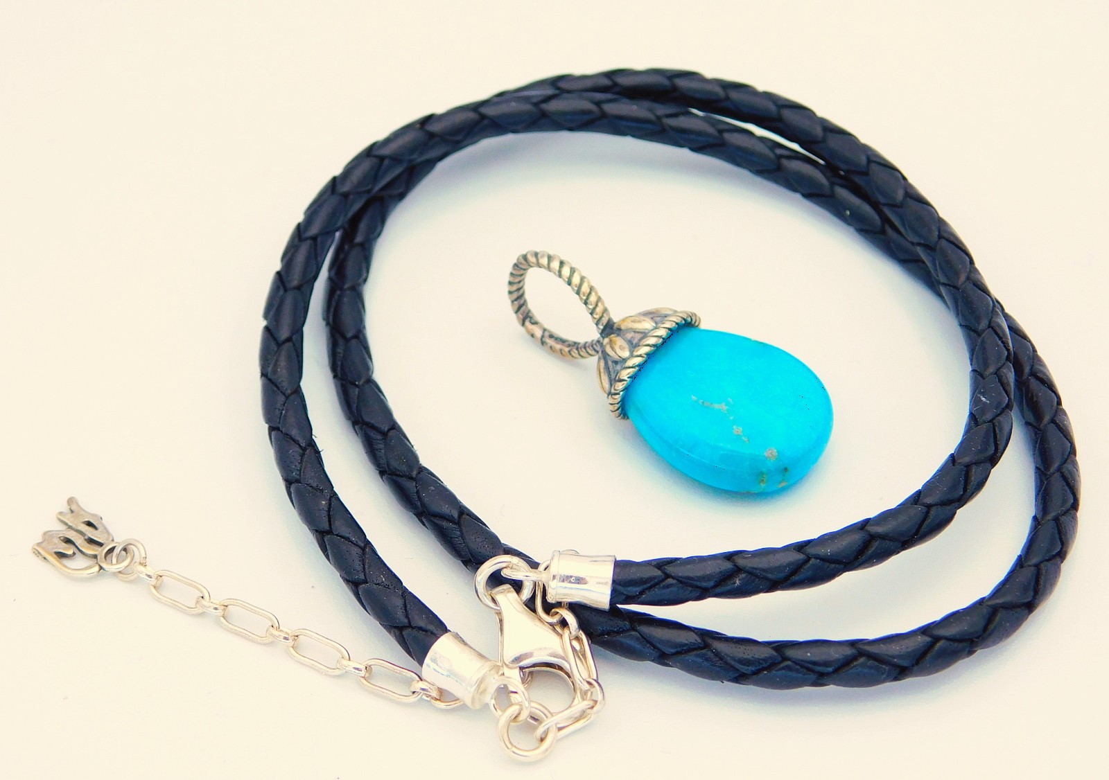 New Carolyn Pollack Sterling Turquoise Pendant and Black Leather Necklace