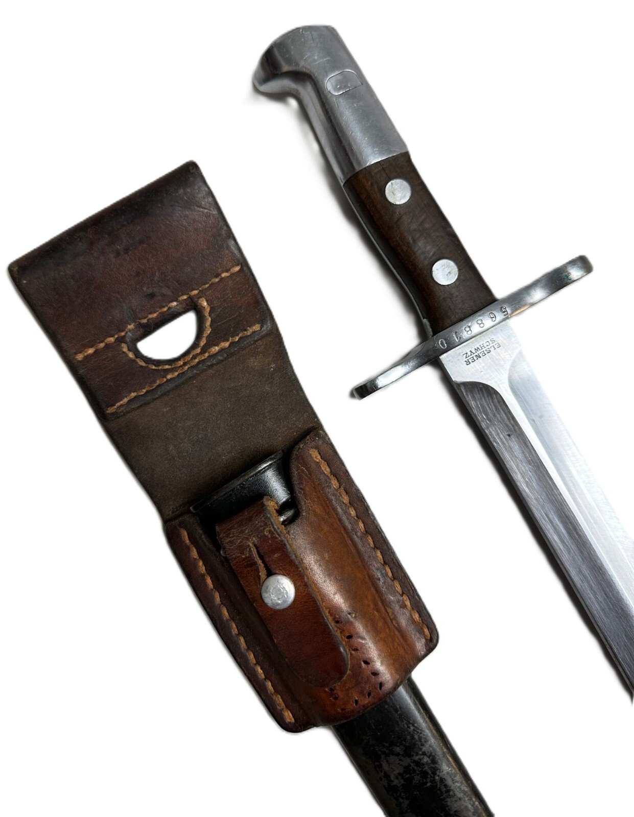 SWISS K31 BAYONET WITH SCABBARD AND LEATHER FROG.