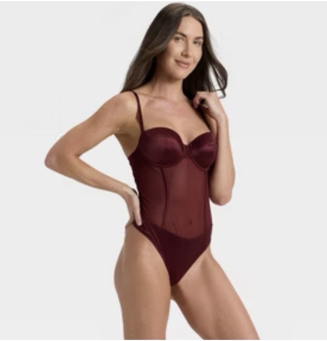 Auden Berry Red Satin And Mesh Lightly Lined Lingerie Bodysuit Size S