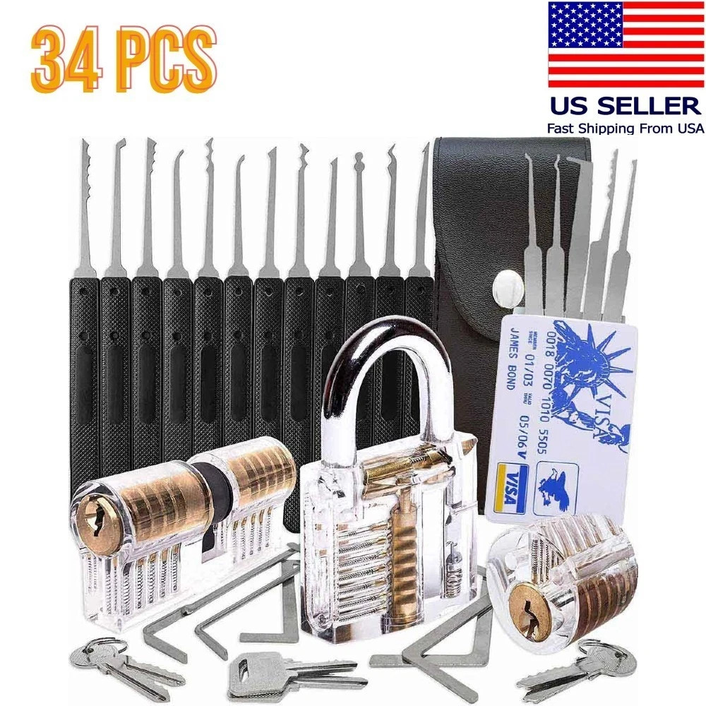 34 Pcs Padlock Unlocking Lock Practice Tool Set for Novice Beginner Locksmith US
