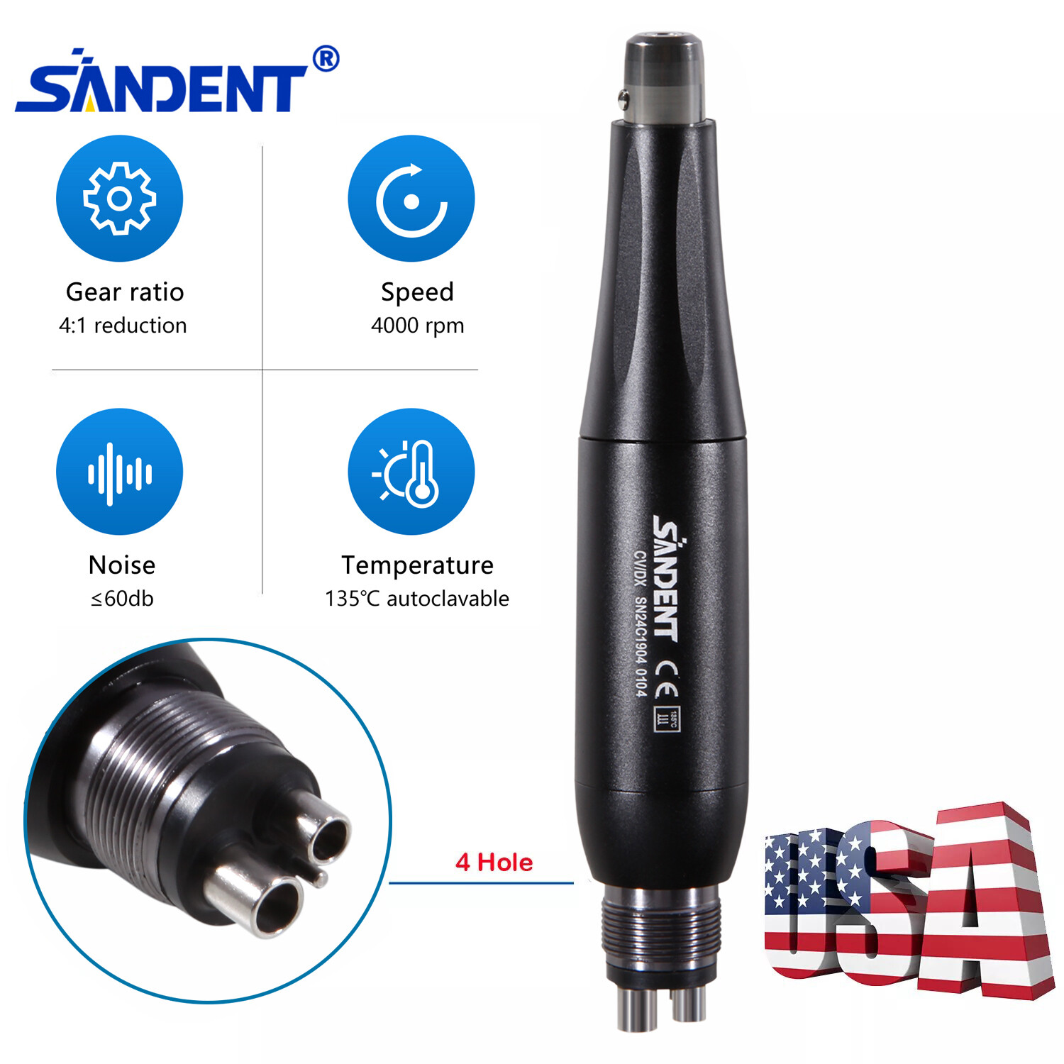 360° Swivel Dental Hygiene Prophy Handpiece Air Motor 4:1 Cone 4 Holes 4000 rpm