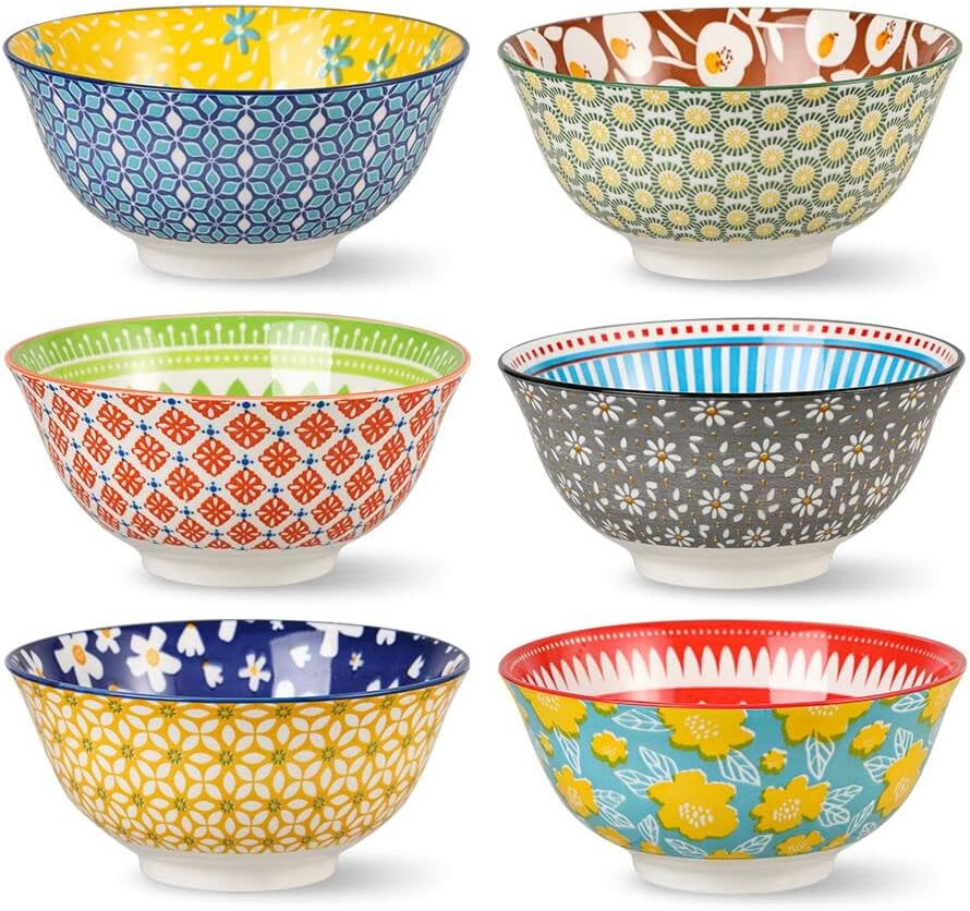 Porcelain Soup Cereal Bowls Set - Ceramic Bowls for Kitchen 23 Oz - 6 Colorful P