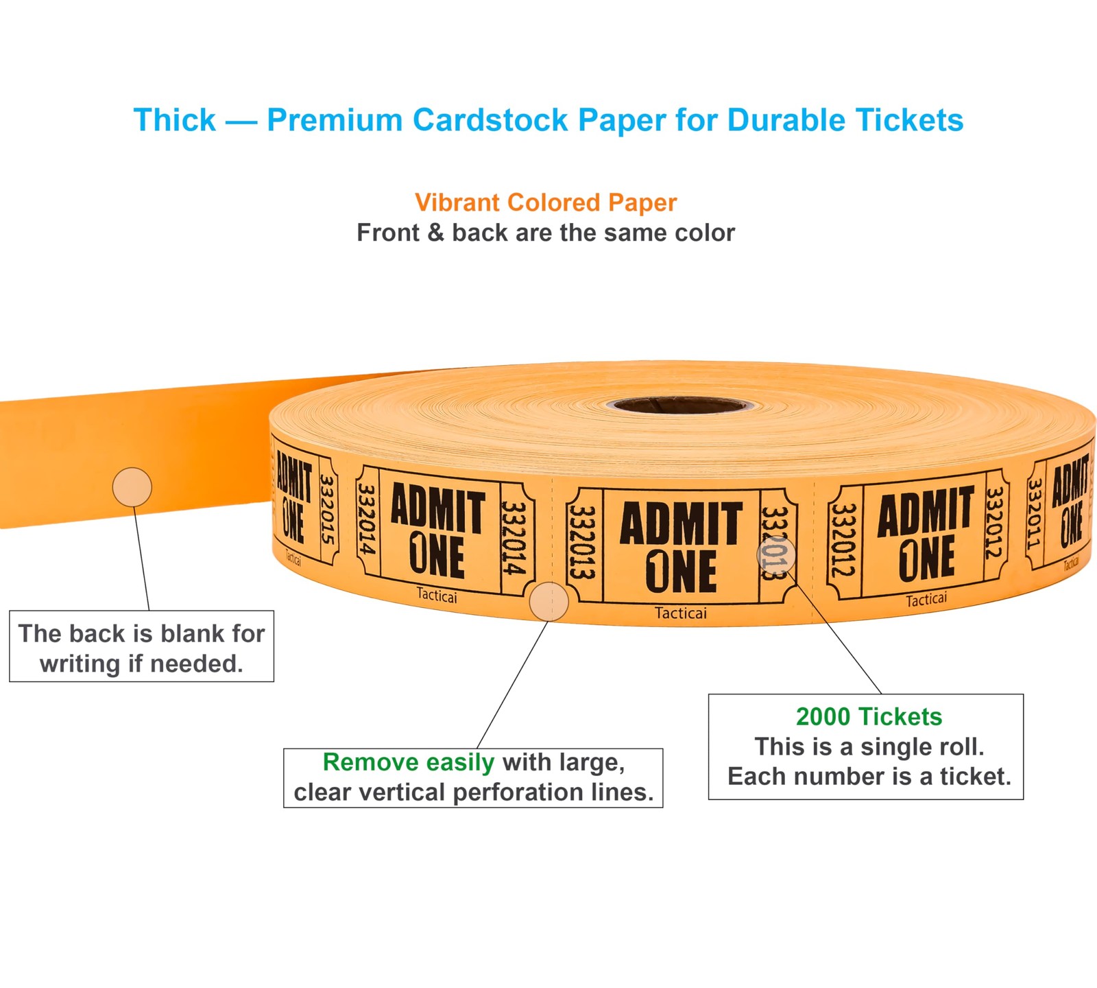 2000 Raffle Tickets Admit One Single Roll Events Entry Fundraiser Orange Prize
