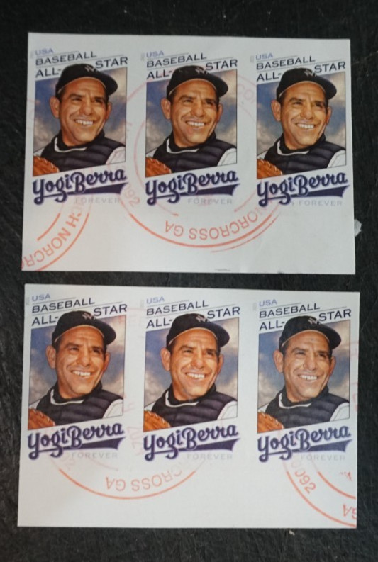 Lot of two strips of three Imperforate (no die cut) Yogi Berral forever stamps