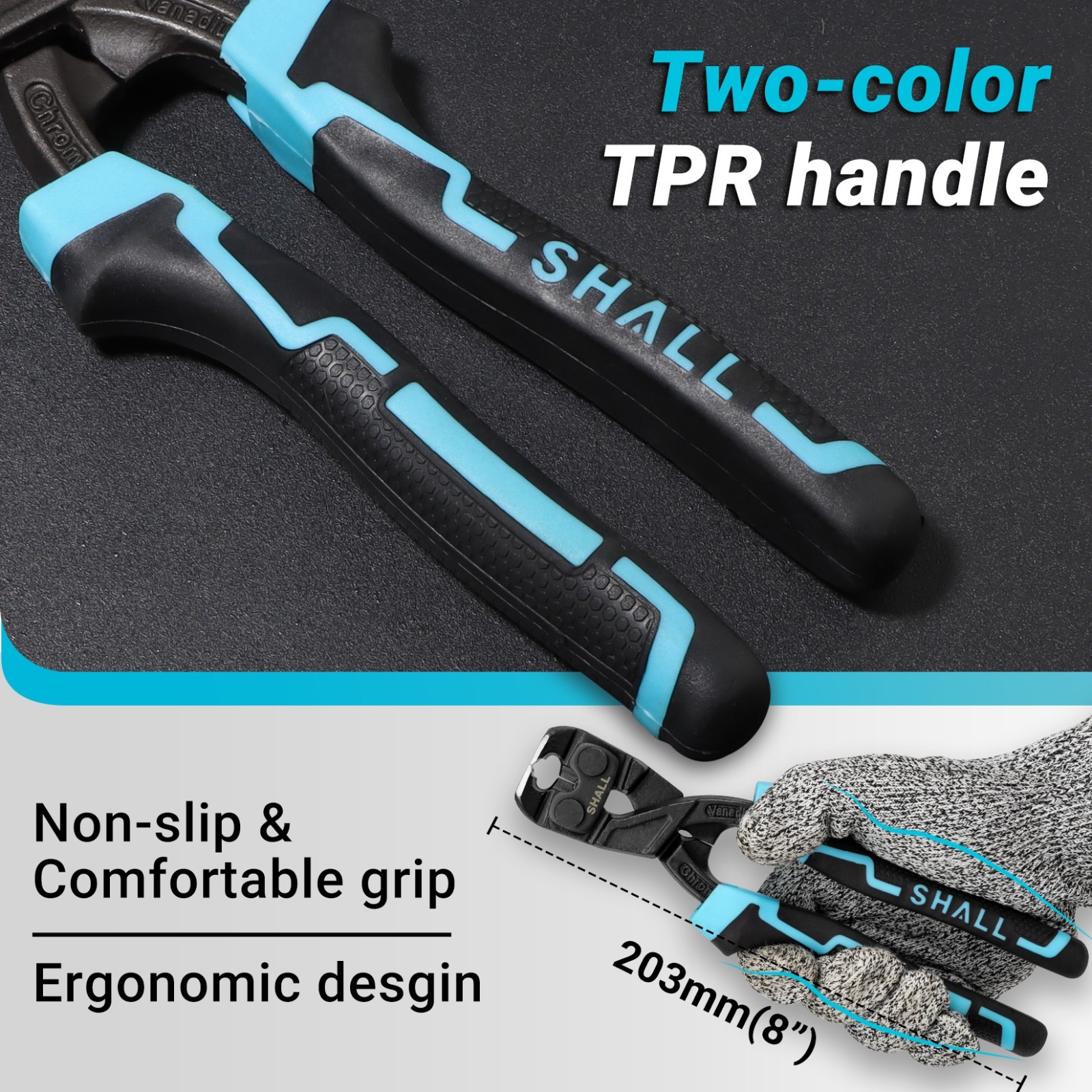 SHALL 8-Inch Nail Puller, 8" End Cutting Pliers, Two-Color Ergonomic Handle