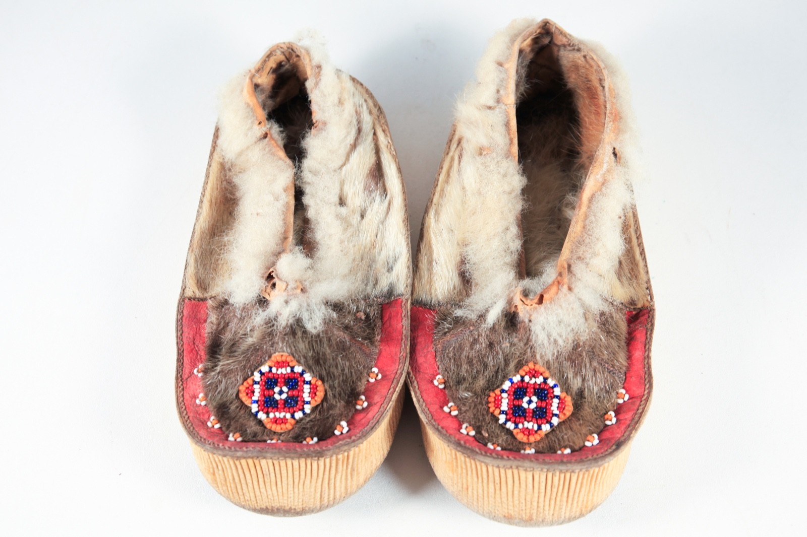 Vintage Native American Inuit Indian Bead Leather Fur Moccasins Mukluks 20th C.
