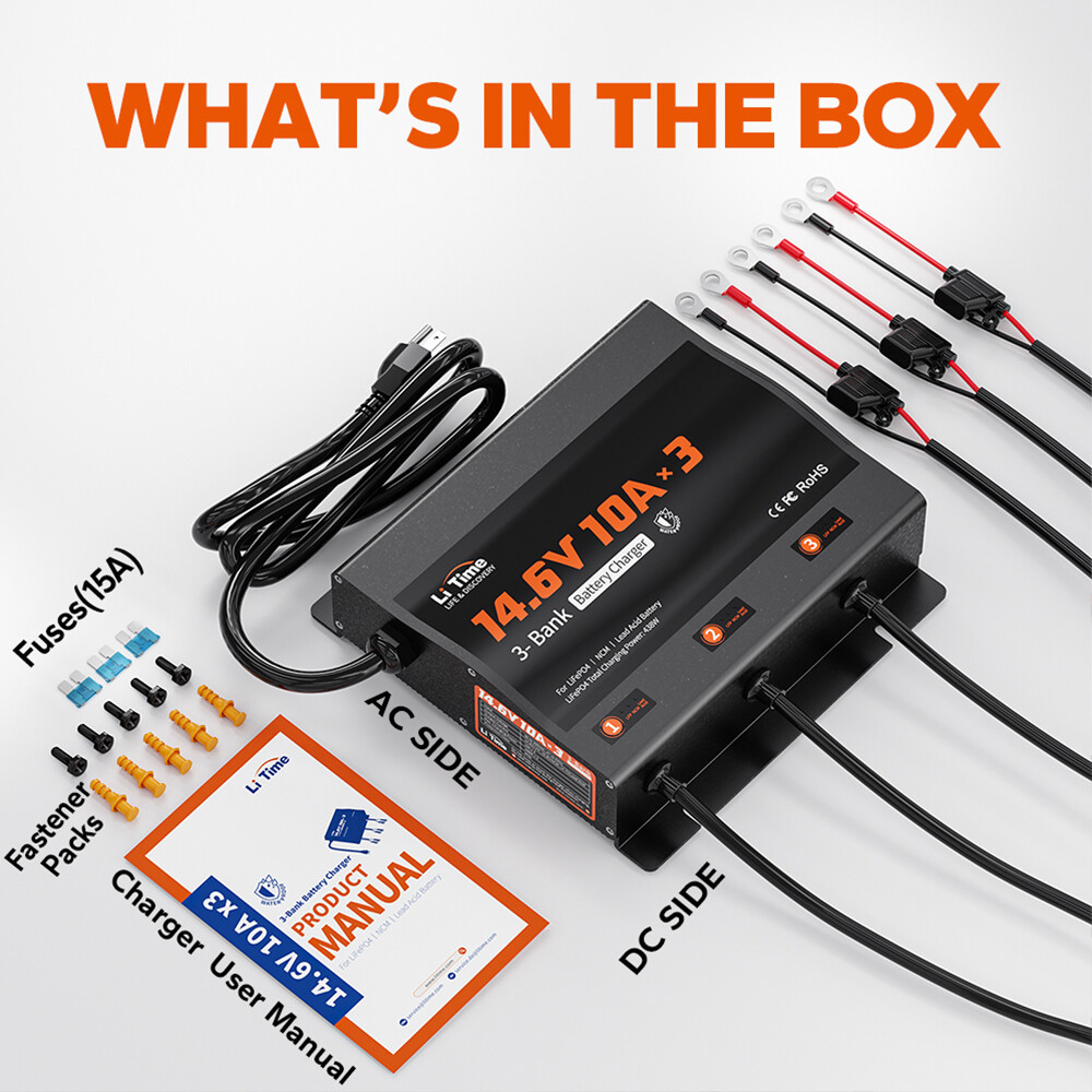 LiTime 14.6V 10A* 3 Bank Smart Charger IP65 for Marine LiFePO4 Lead Acid Battery