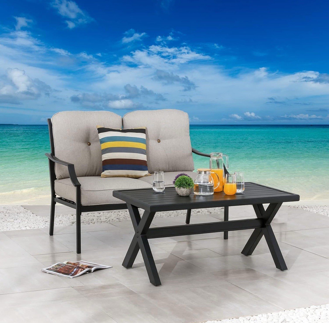 Festival Depot Patio Loveseat Set, Black & Beige, Steel Frame, Table, Cushions