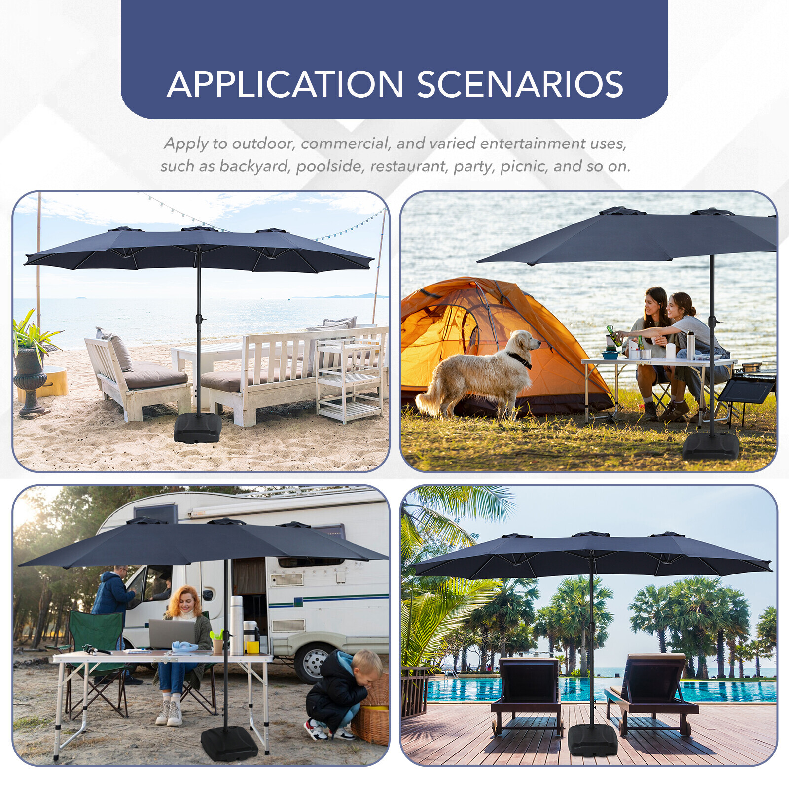 15FT Double-Sided Outdoor Sun Shade Backyard Patio Umbrella Blue w/ Crank & Base