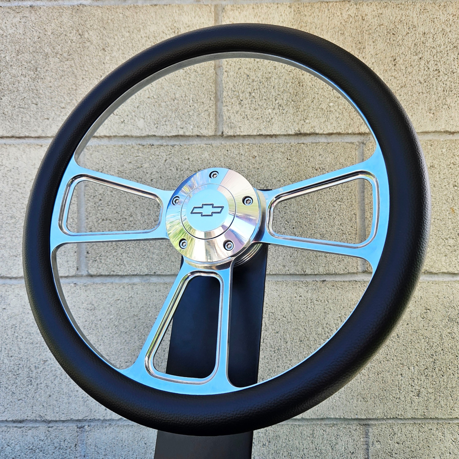 14" Billet Steering Wheel Muscle Black Half Wrap + Chevy Horn Button Licensed