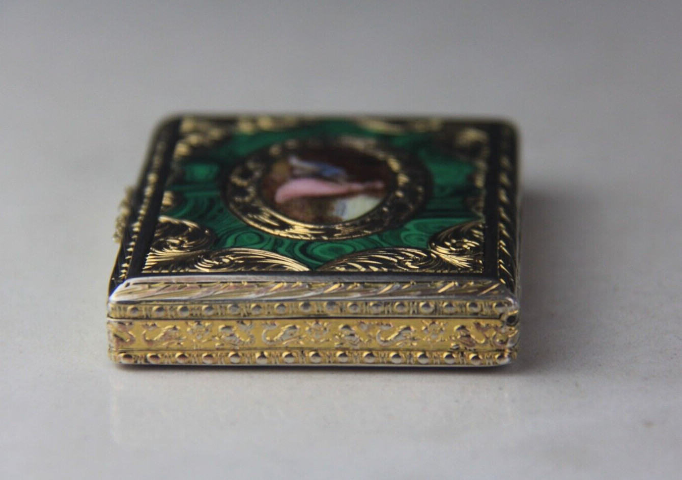 German Parcel Gilt 800 Silver & Enameled Rectangular Snuff Box w/ Courting Scene