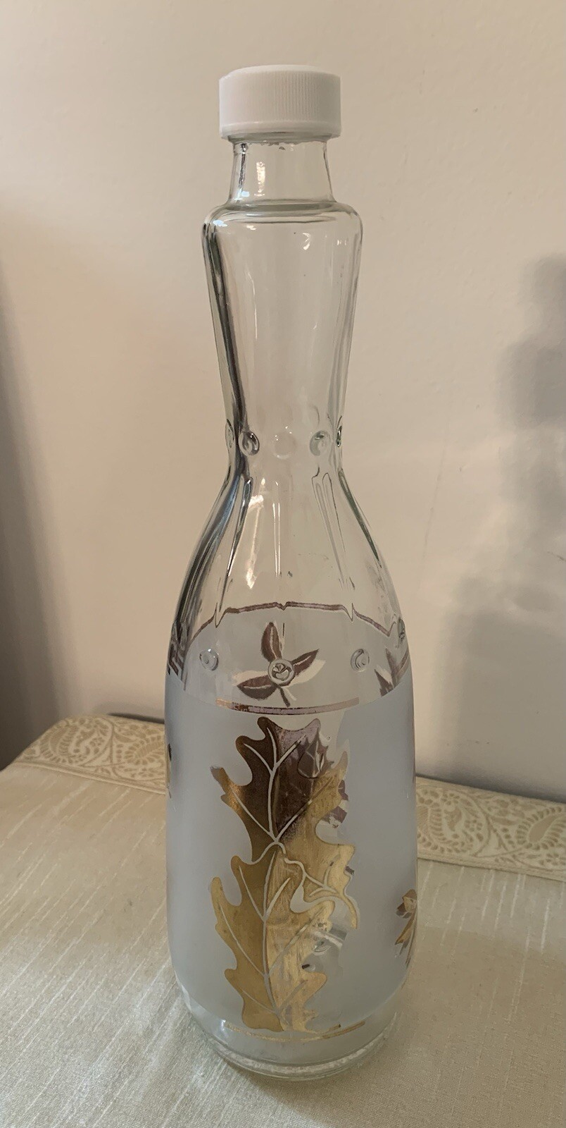 Vintage Libbey Frosted White with Gold Leaves Bottle/Decanter 12” Tall 3” High