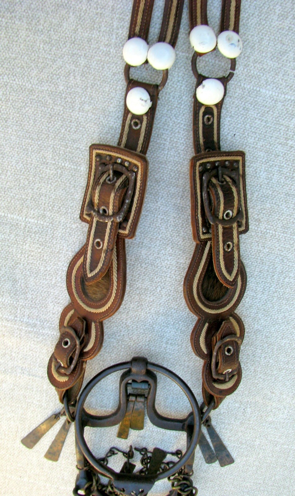 UNIQUE ANTIQUE COMPLETE CHILDS EMBROIDERED PONY HEADSTAL RING BIT REIN SET 1900