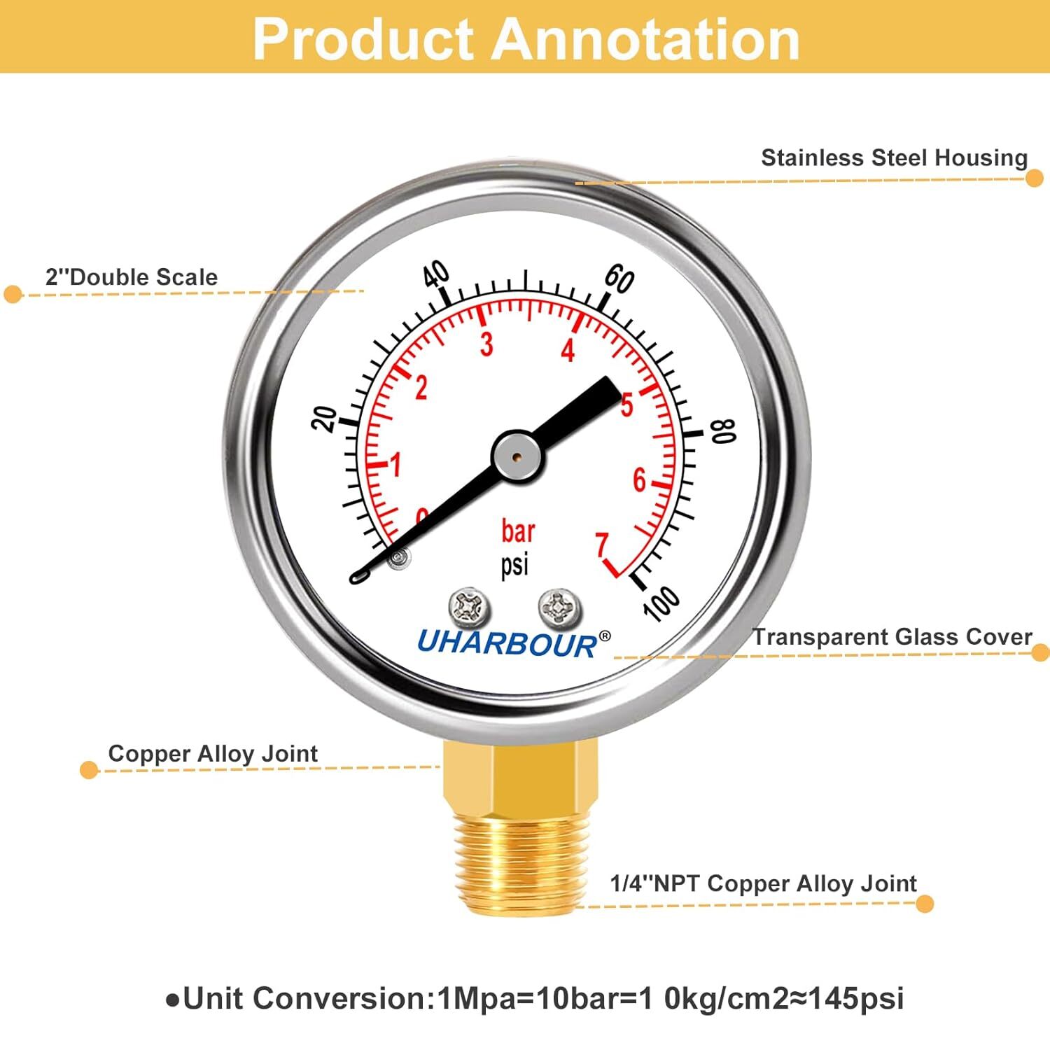 Water Well Pump Liquid Filled Side Lower Mount Pressure Gauge 0 to 100 PSI