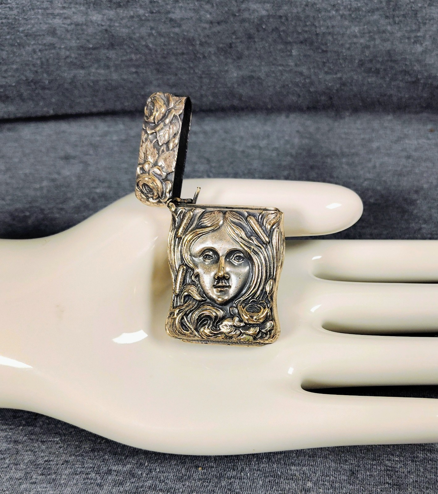1870's Antique German Silver Art Nouveau Woman Lady Match Safe Vesta