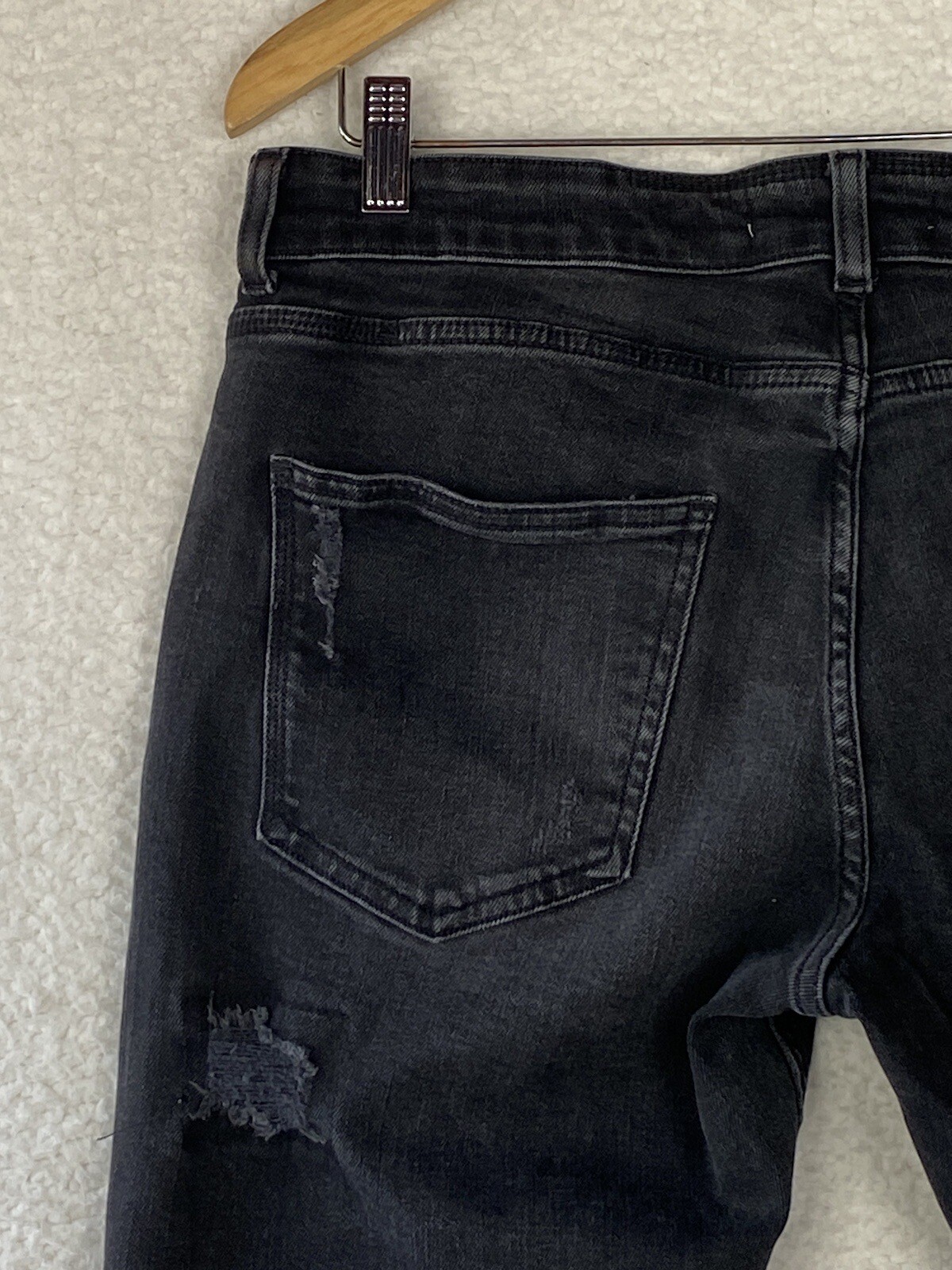 Zara Destressed Jeans Womens 34 Button Fly Cropped Black Skinny Raw Hem Mid Rise