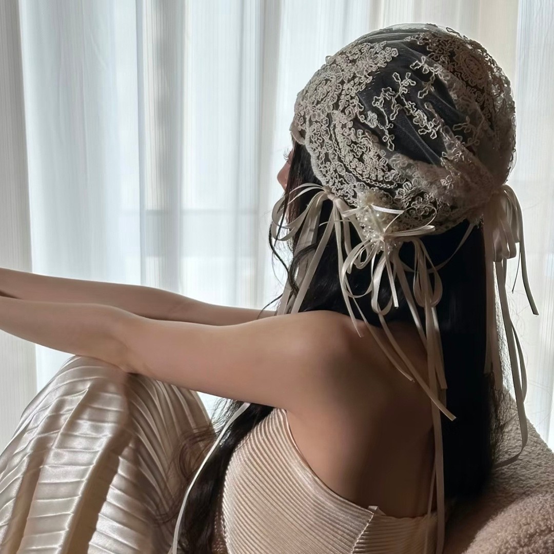 French Vintage Bridal Lace Bow Headwrap Hat Wedding Headpiece Ribbon Accessory