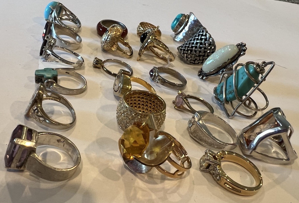 Vintage Costume Jewelry Lot Of 24 Mixed Rings w/ Gemstones Sterling Turquoise