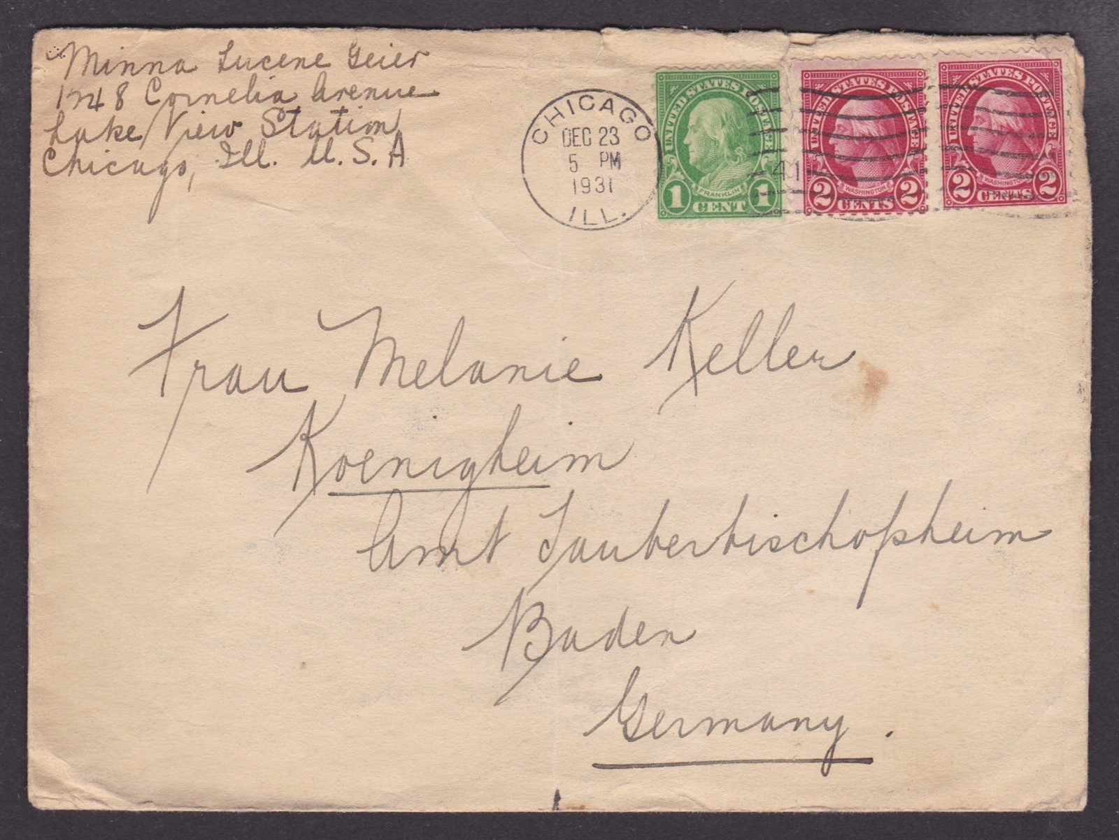 UNITED STATES 1931, Cover from Chicago to Germany with Christmas vignette