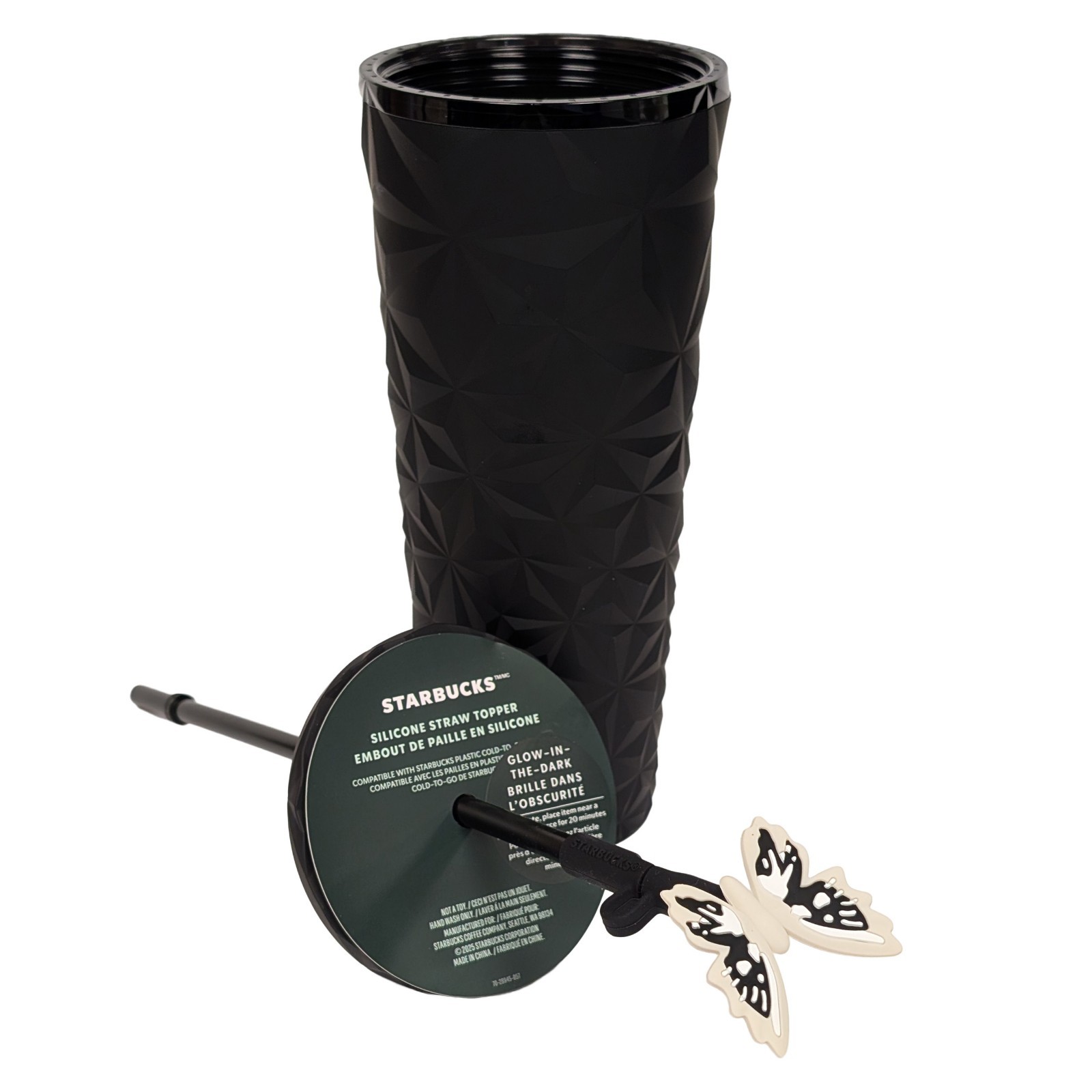 Starbucks Tumbler Glow-In-The-Dark Butterfly Topper Black Beveled Cup 2025, 24oz