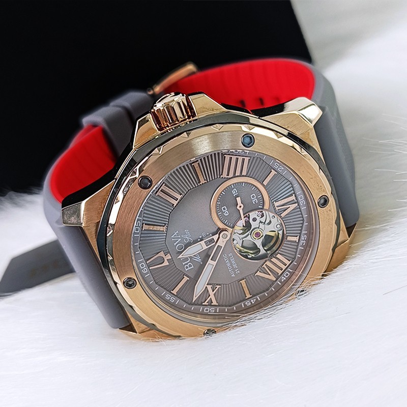 Bulova Marine Star Rose Gold Dial Grey Rubber Strap Men's Automatic Watch 98A228