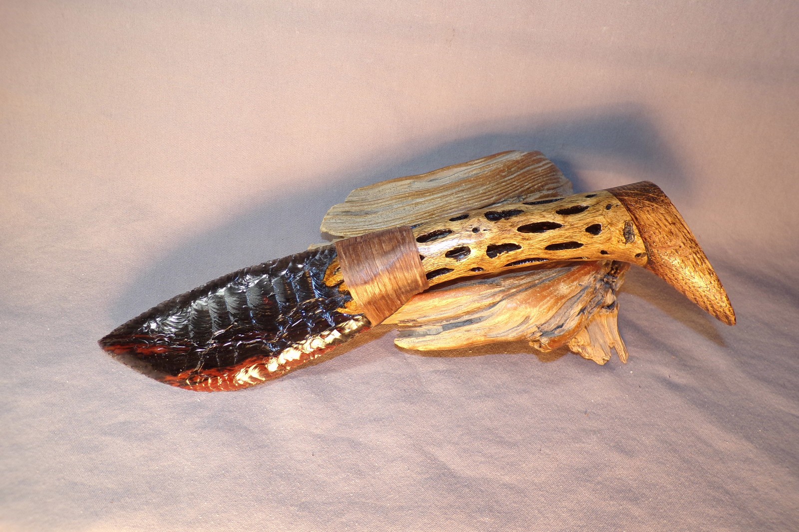 Large Triple Flow Obsidian Drop Point Knife w Cholla Cactus Wood Handle
