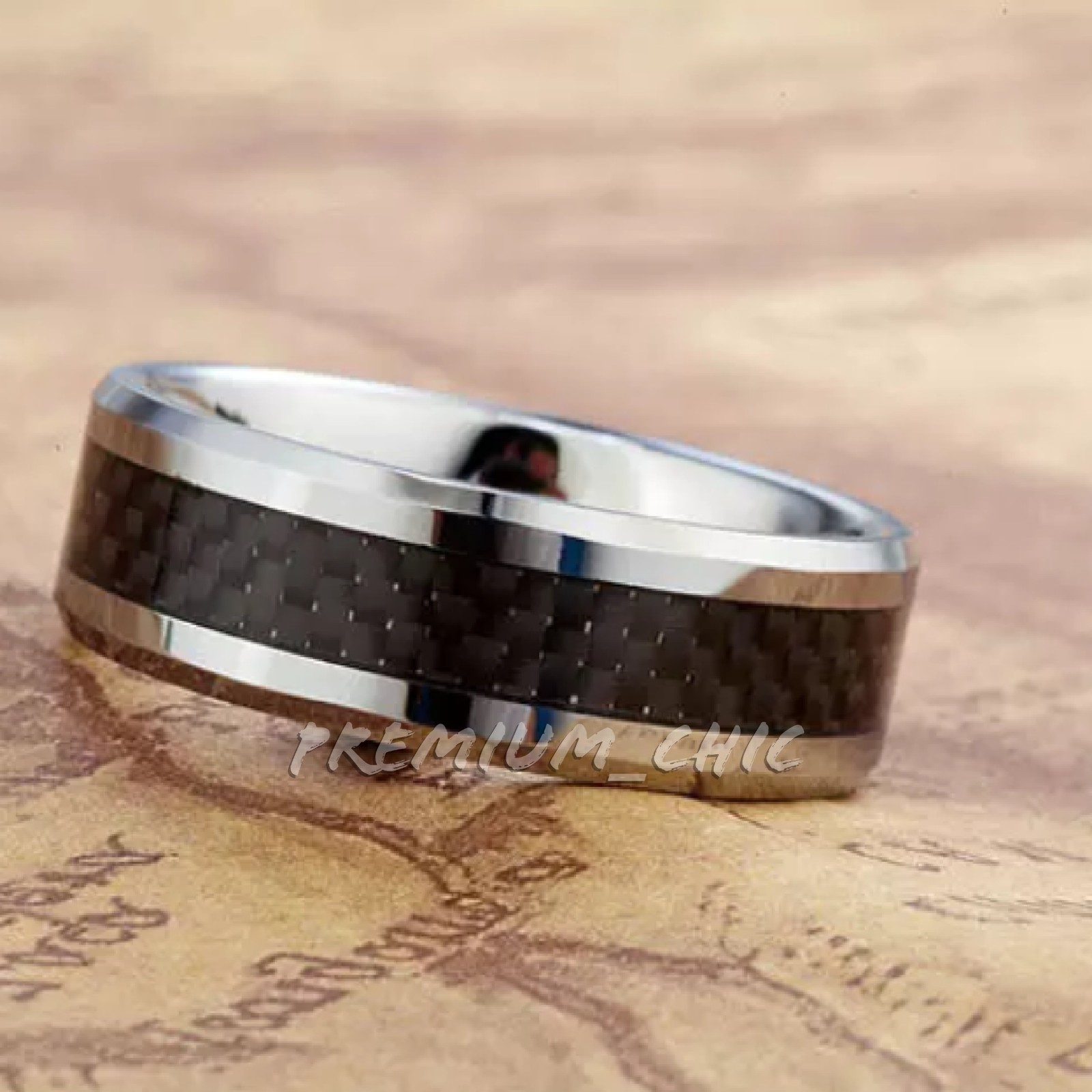 Tungsten Carbide Wedding Band Men's Engagement Ring Black Carbon Fiber Silver