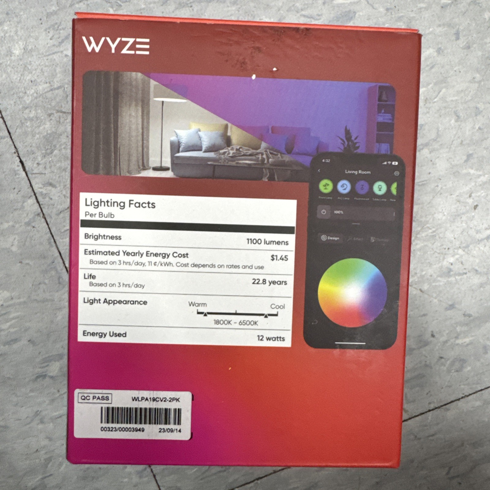 Wyze Labs WLPA19CV2-2PK Smart Wyze Bulb A19, 2-Pack, Color, WiFi, Home Assistant