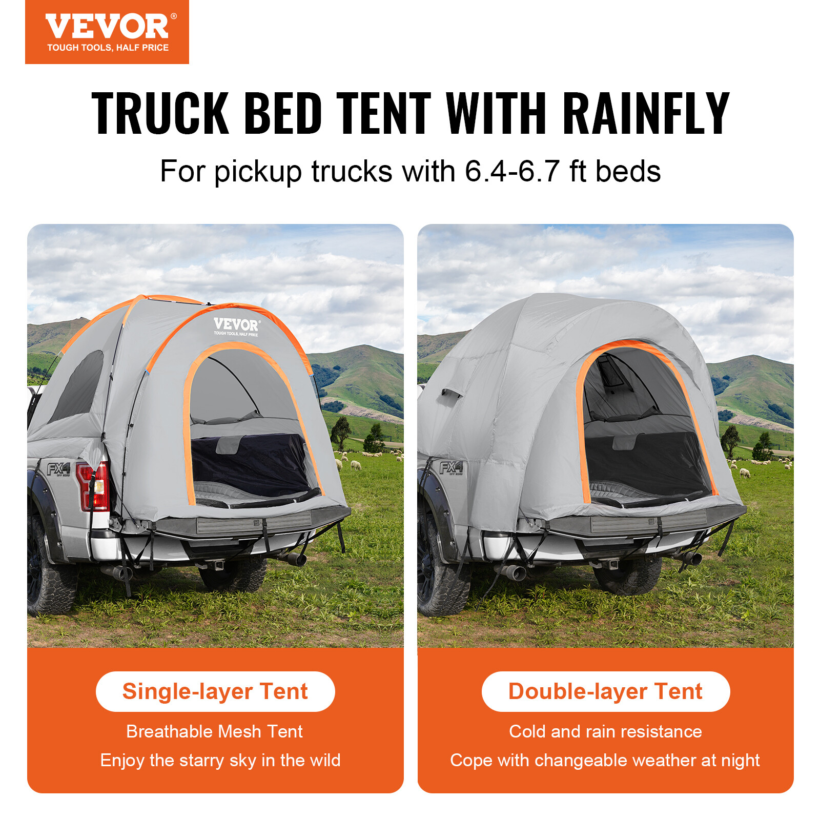 VEVOR Truck Bed Tent 6.4'-6.7' Pickup Tent with Rainfly Carry Bag for Camping