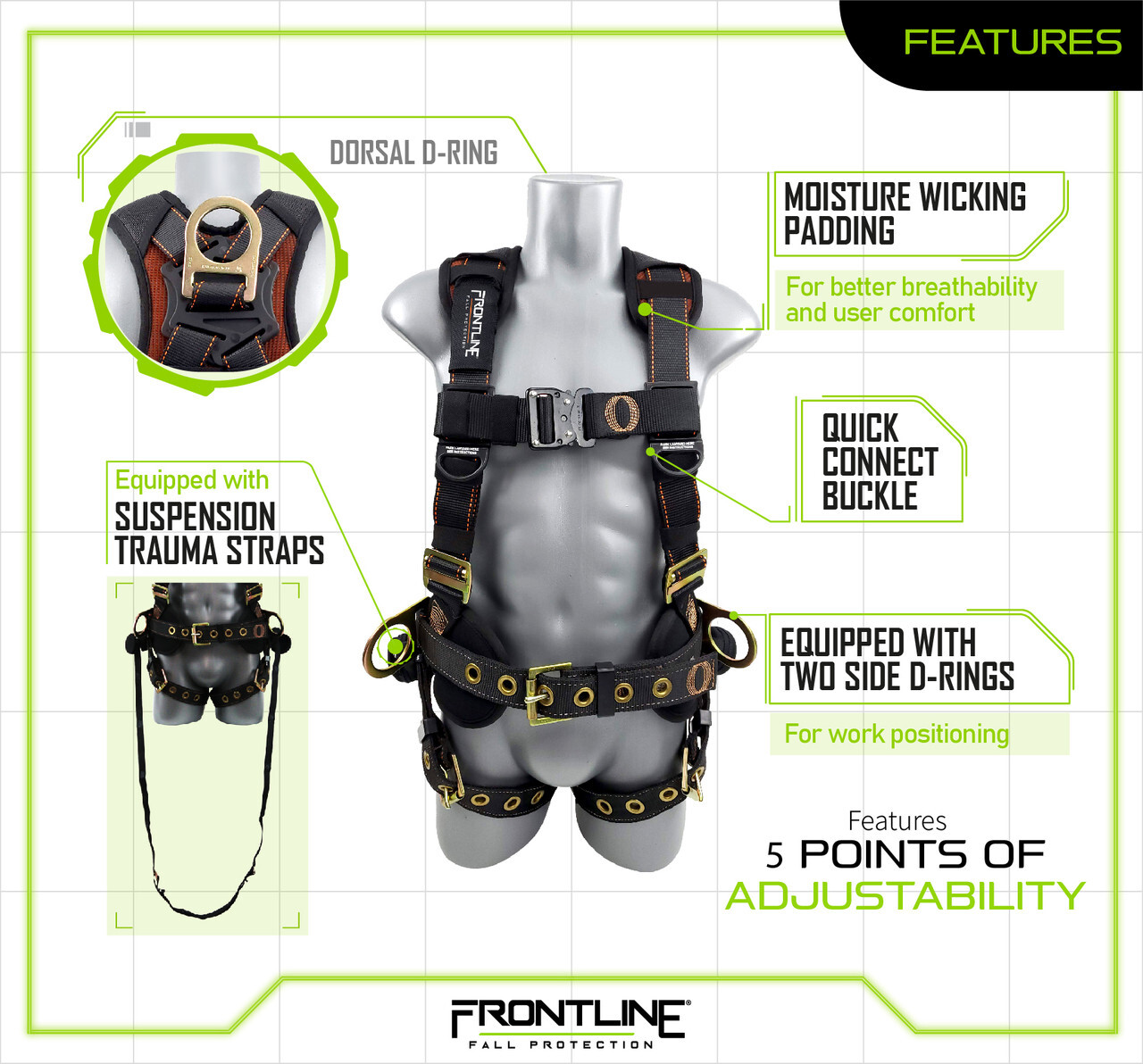 Frontline 100CTB Construction Full Body Harness with Tongue Buckle Legs and Trau