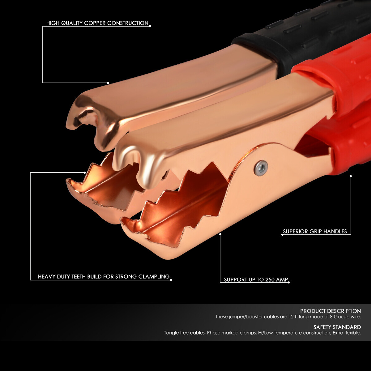 HEAVY DUTY 8 GAUGE 12 FT BATTERY BOOSTER CABLE EMERGENCY POWER JUMPER 250 AMP