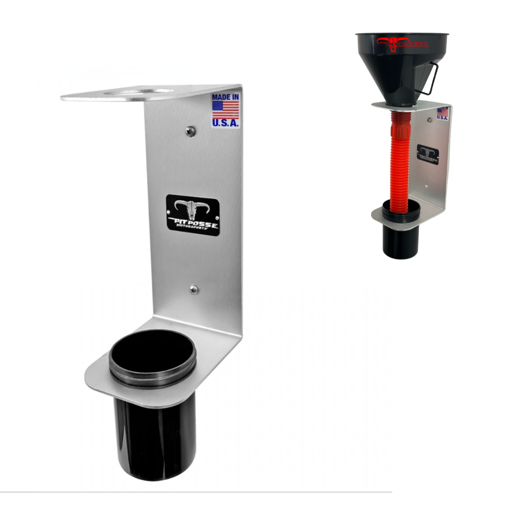Pit Posse Oil Funnel and Holder for Automotive with Handle and Strainer
