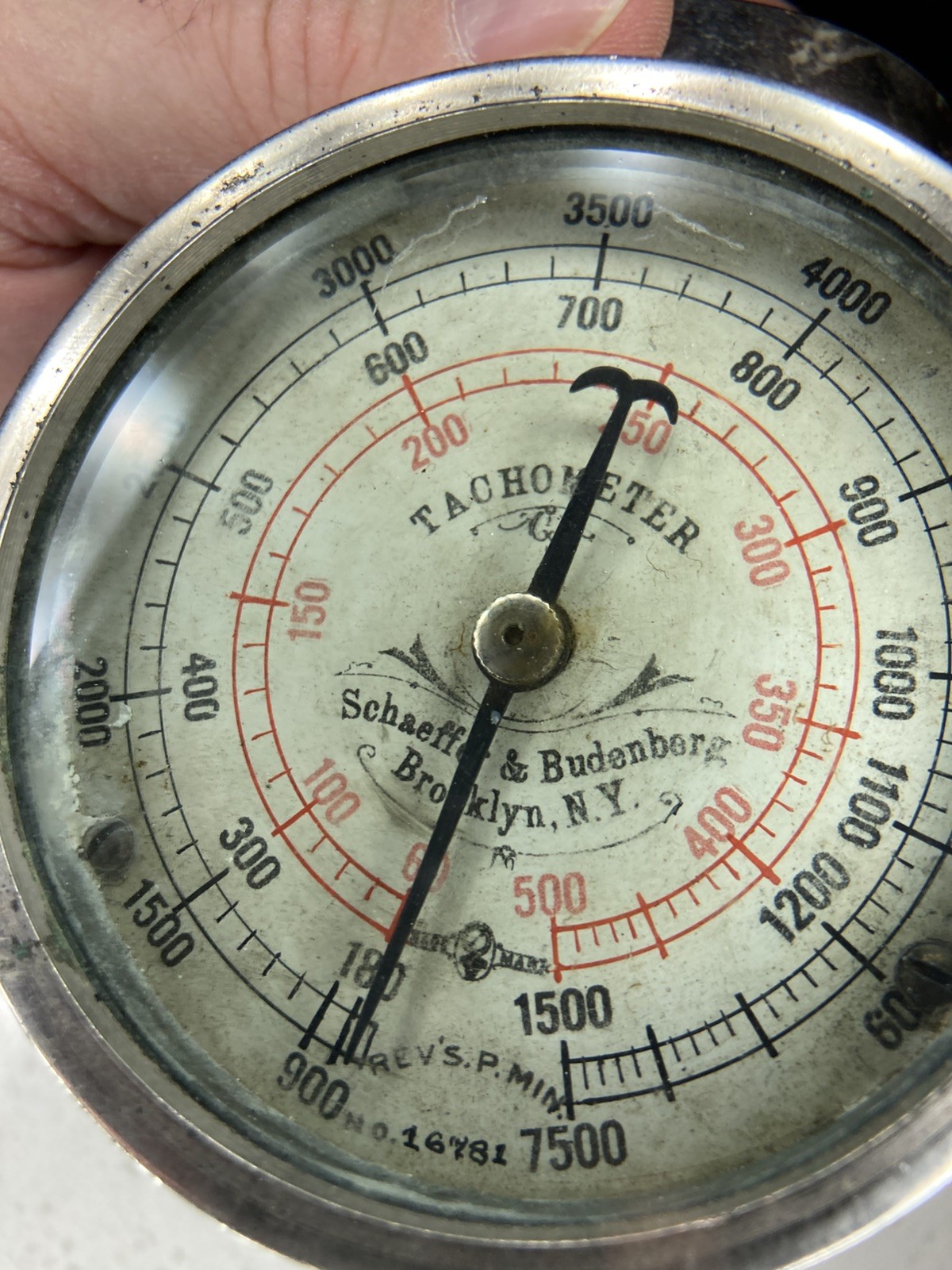 ANTIQUE SCHAEFFER BUDENBERG GAUGE TACHOMETER REVOLUTION COUNTER RR, 7500 RPM’s!