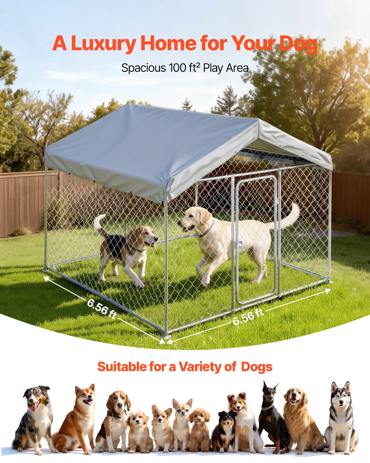 VEVOR Large Outdoor Dog Kennel with Lock & Cover 6.56x6.56x5.25 ft Heavy Duty