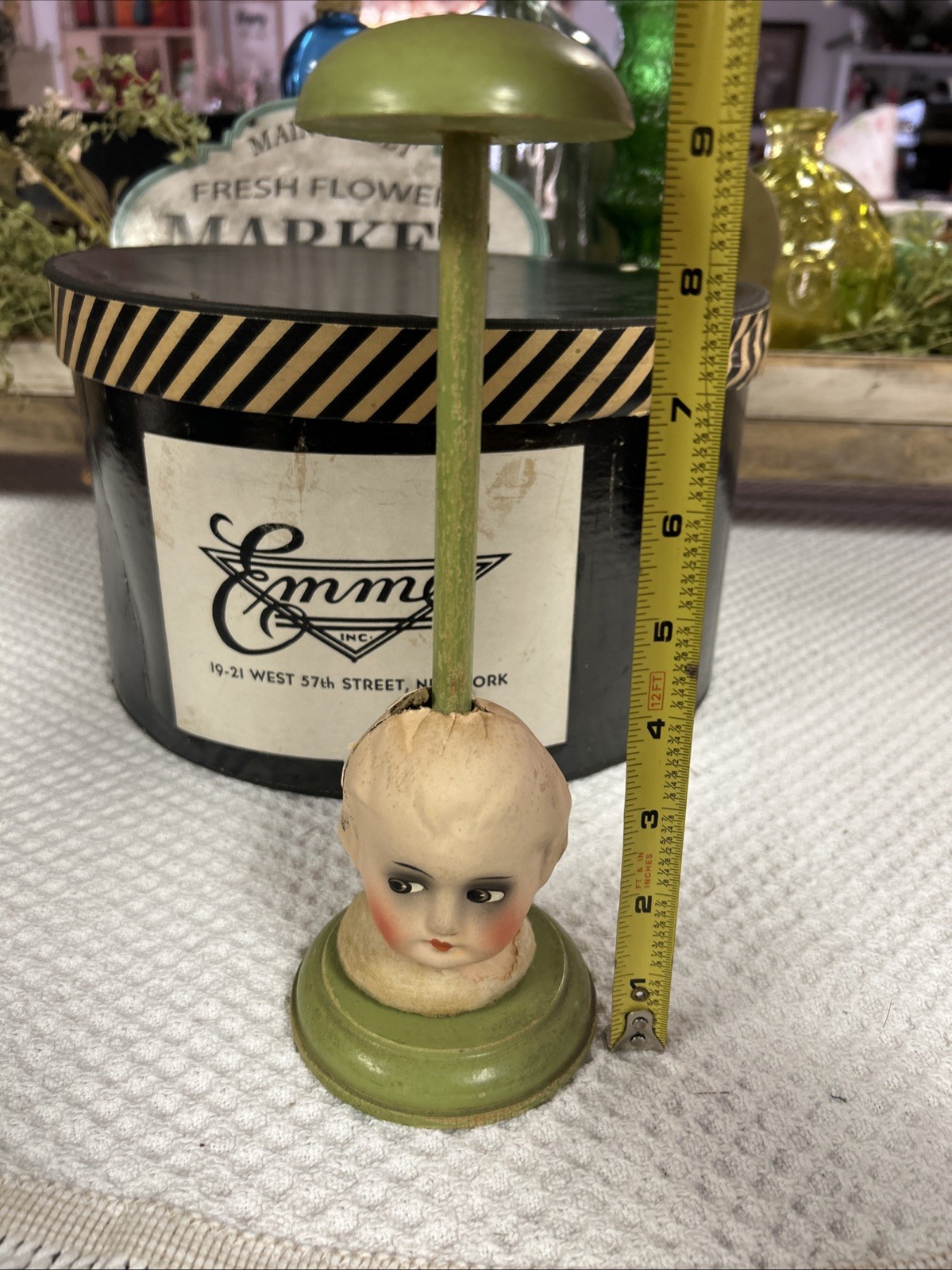 Antique Papier-Mâché Side Eyed Doll Head Girl Wood Hat Stand 9.5" Creepy Germany