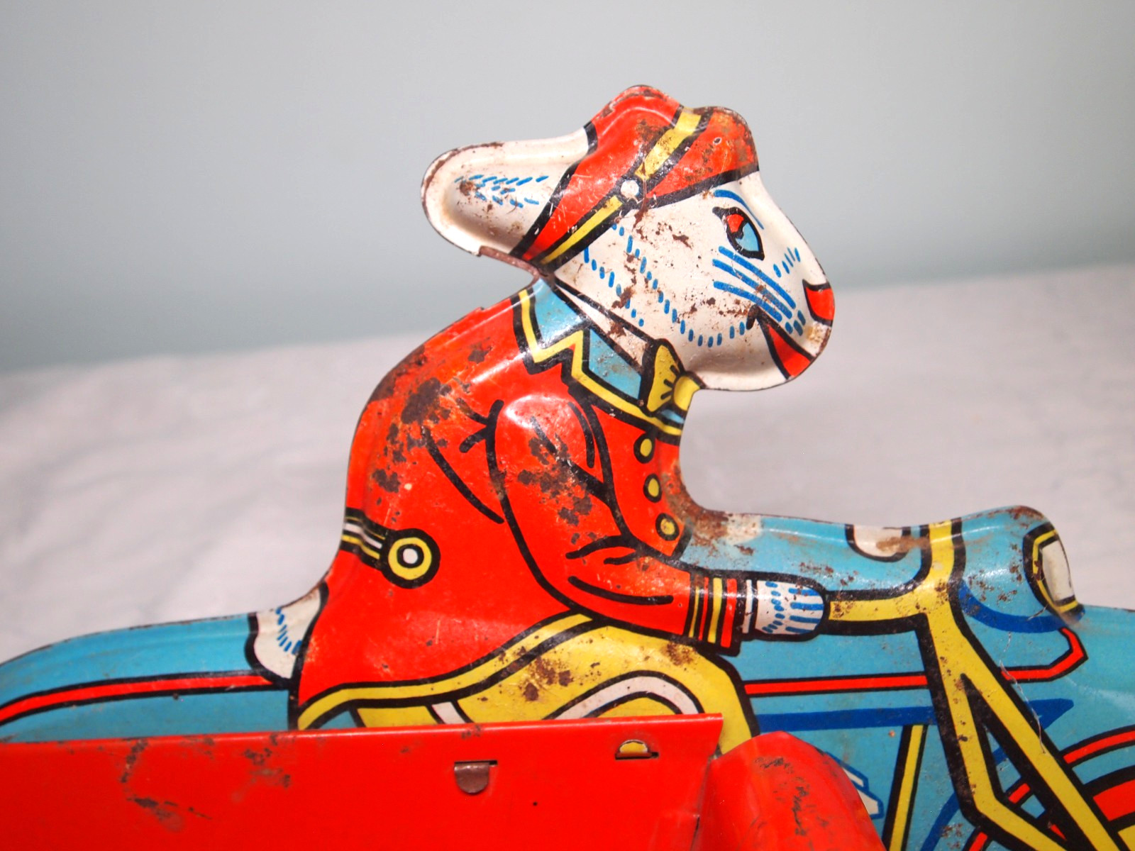 Vtg Tin Easter Car Bunny Delivery Motorcycle & sidecar rolled steel litho