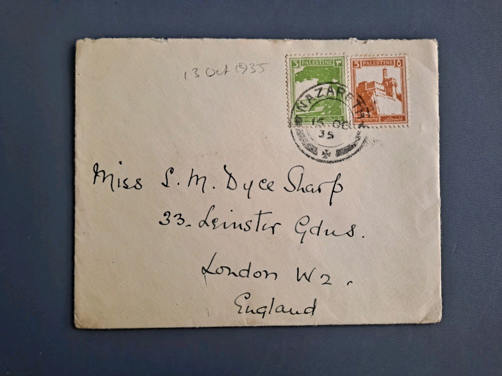 Palestine 1935 Nazareth London W2 SM Dyce Sharp Cover C6