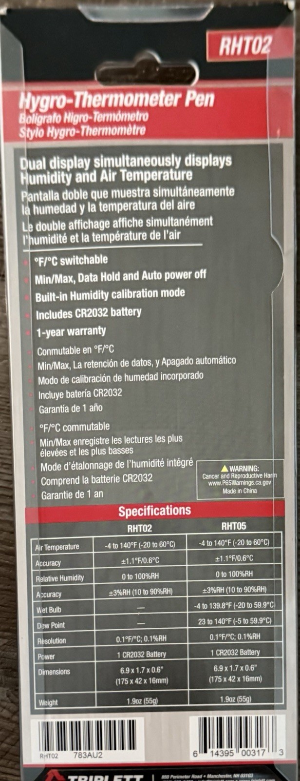 BRAND NEW / TRIPLETT RHT02 Humidity & Air Temperature Pen 783AU2.